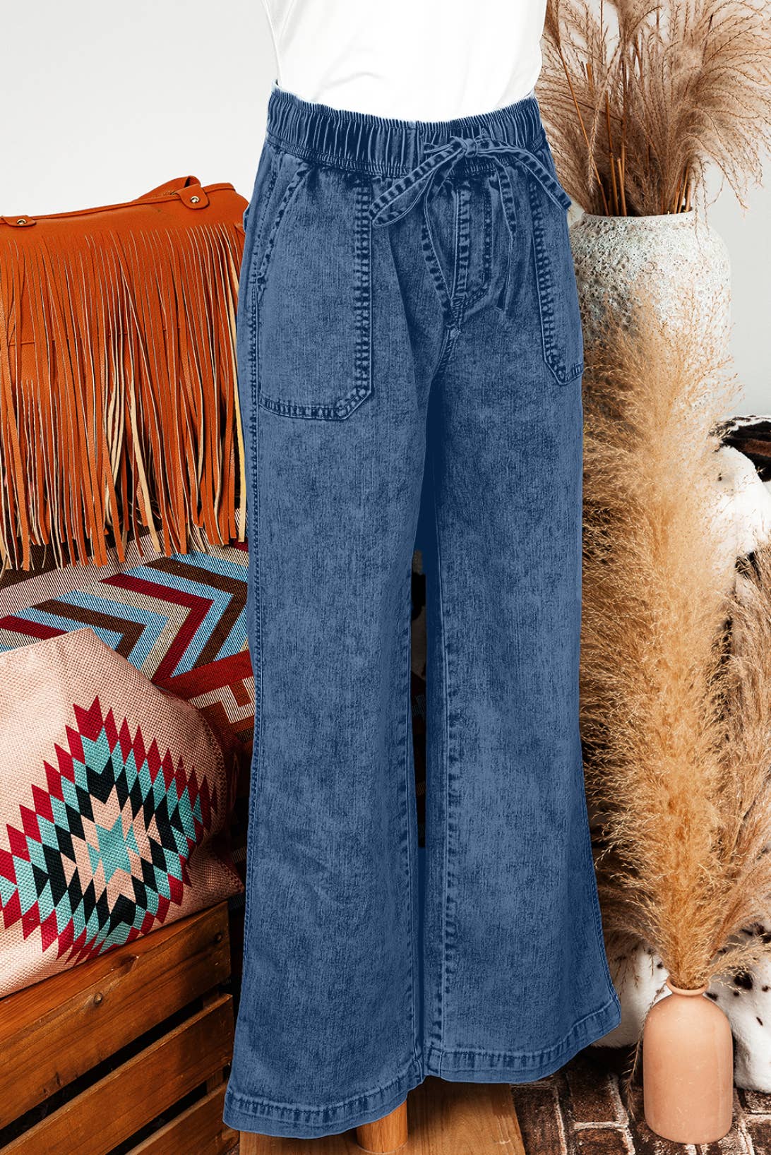 Fall Mineral Wash Drawstring Loose Straight Denim Pants