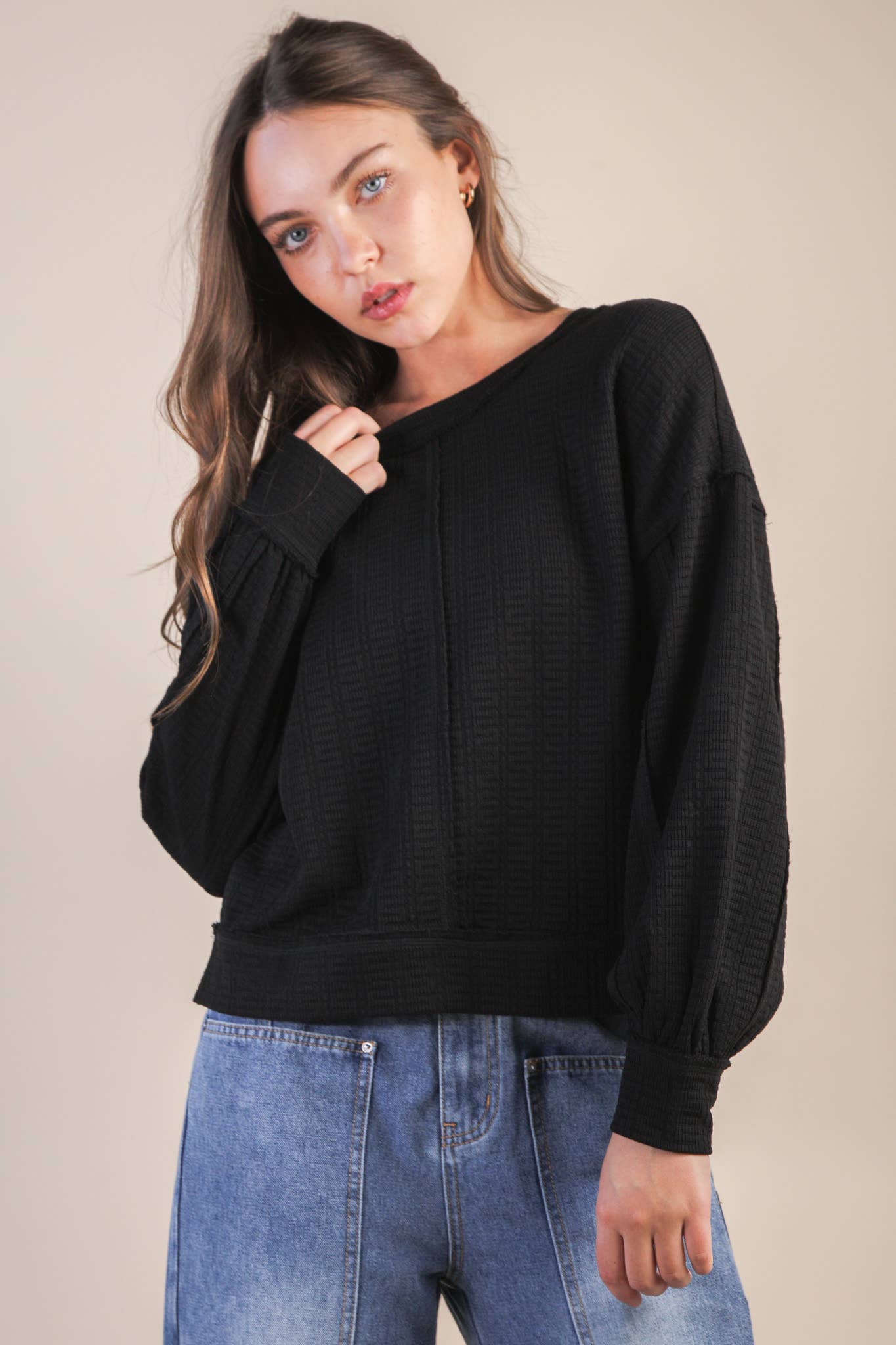 VERY J - NT12413-Raw Edge Detail Oversized Textured Knit Top