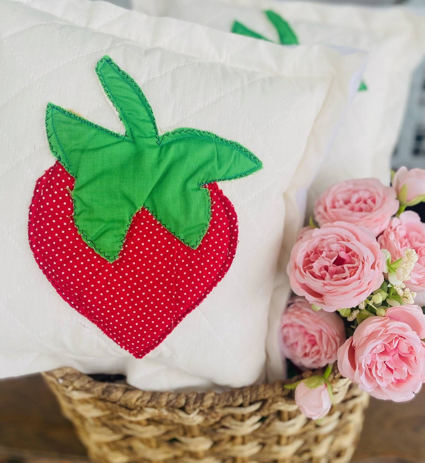 A Gnome on the Roam - Handcrafted Mini Upcycle Pillow Vintage Quilted Strawberry
