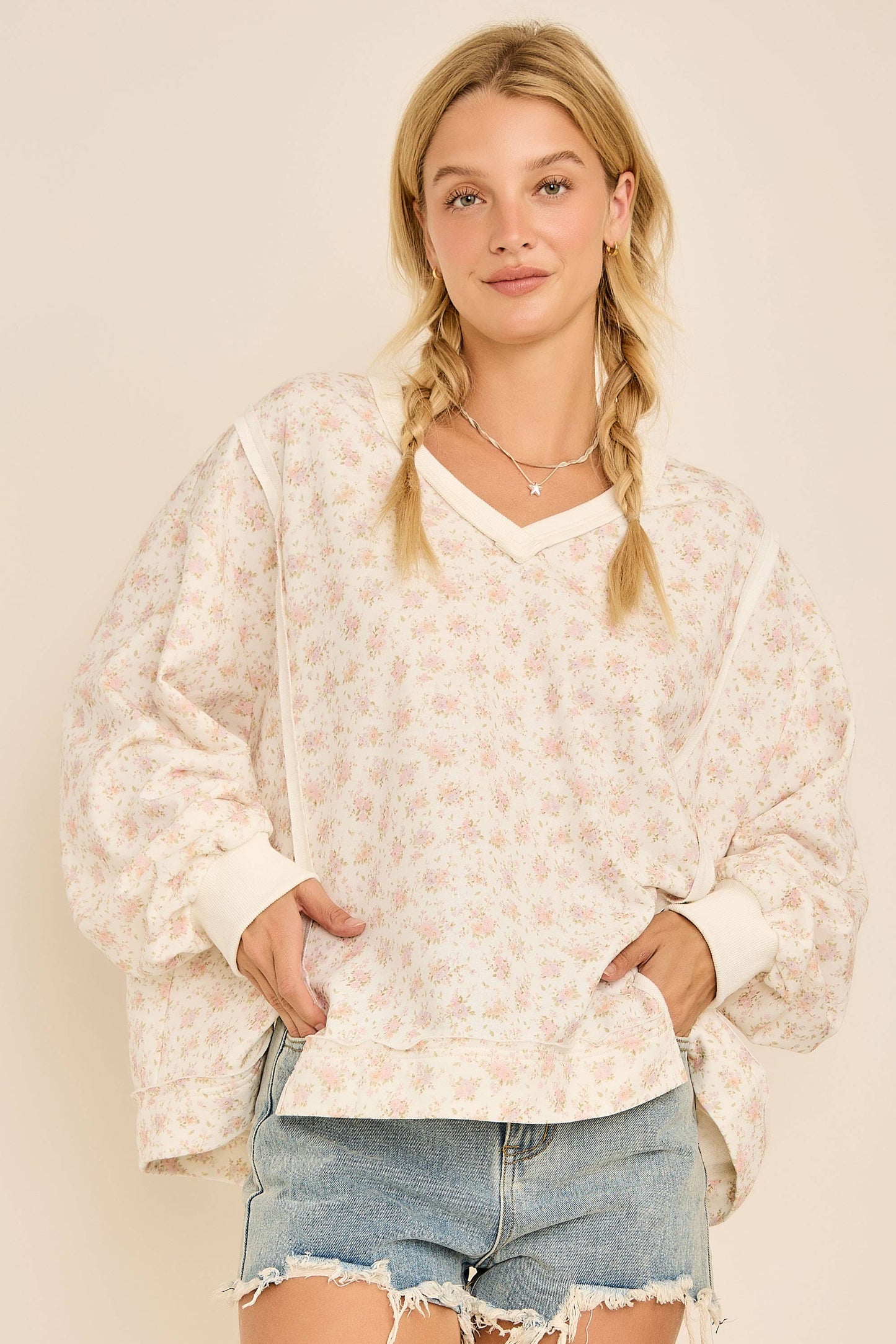 Oversized Floral Print V-Neck Long Sleeve Sweatshirt