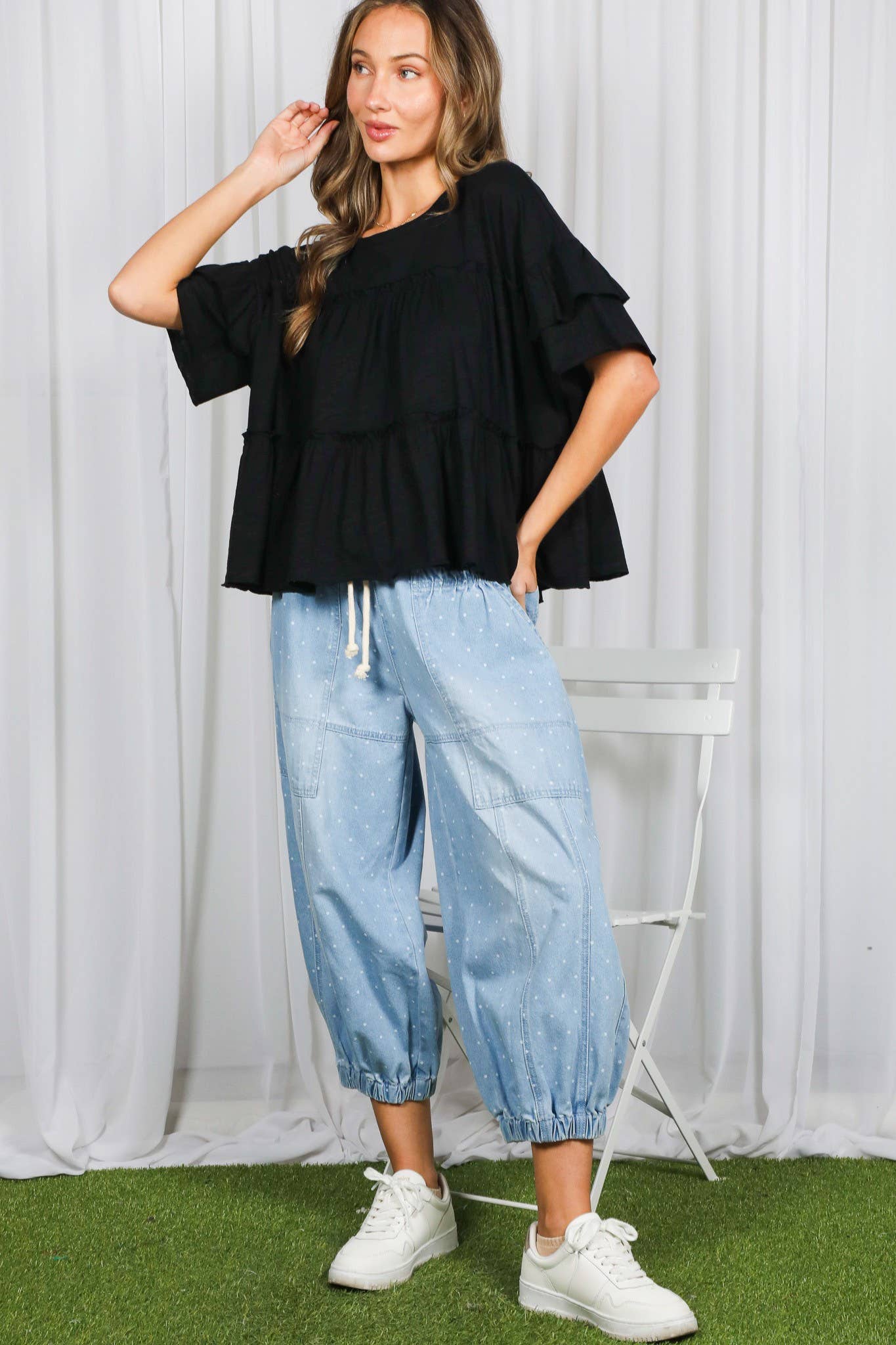 Ruffle Tired Crew Neck 100%Cotton Top VT83163