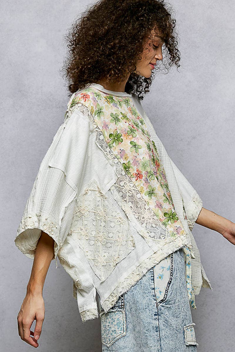 Round Neck Double Gauze Floral Woven Top