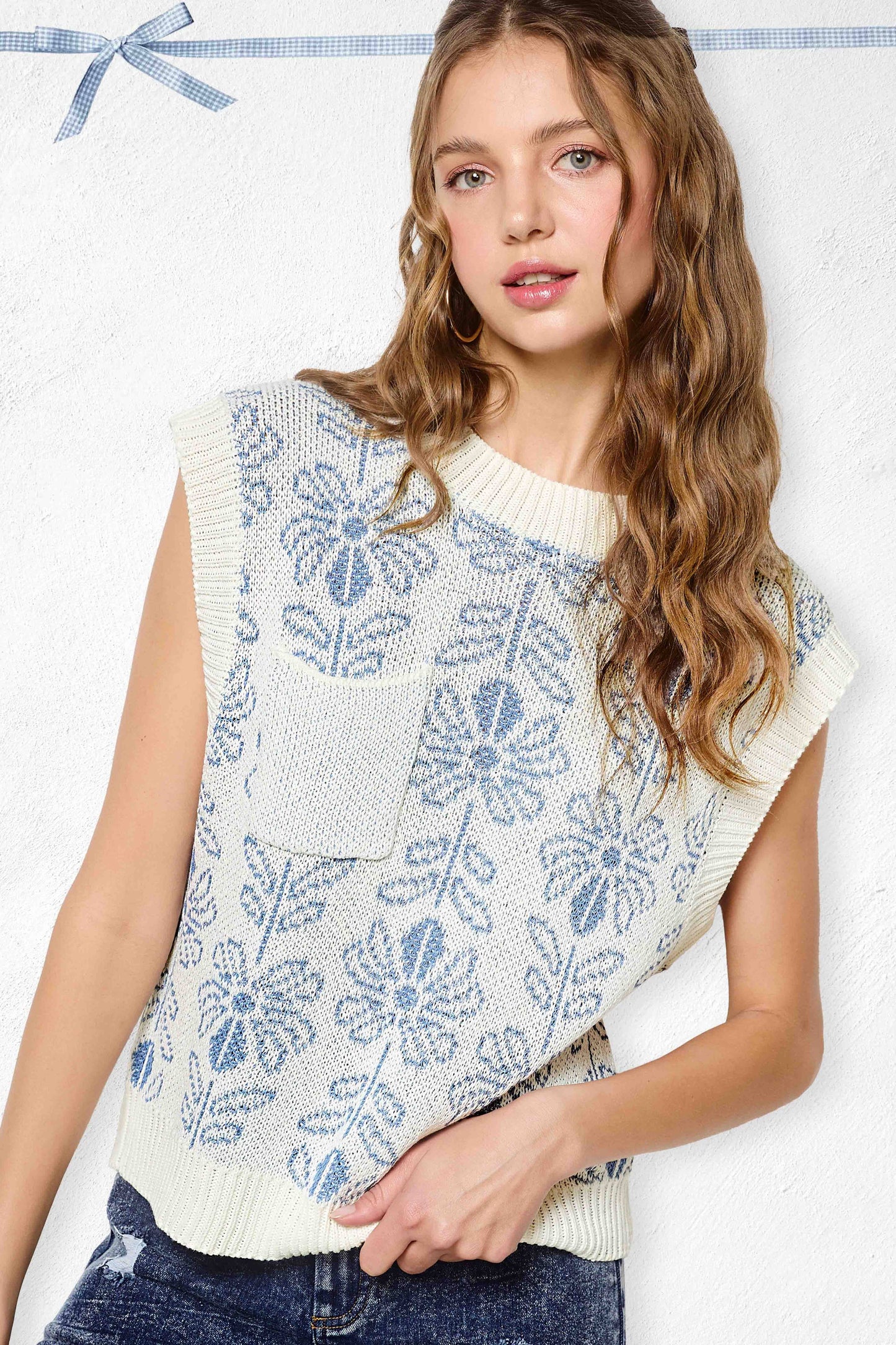 MCS3587-Floral Pattern Sleeveless Sweater Vest Top