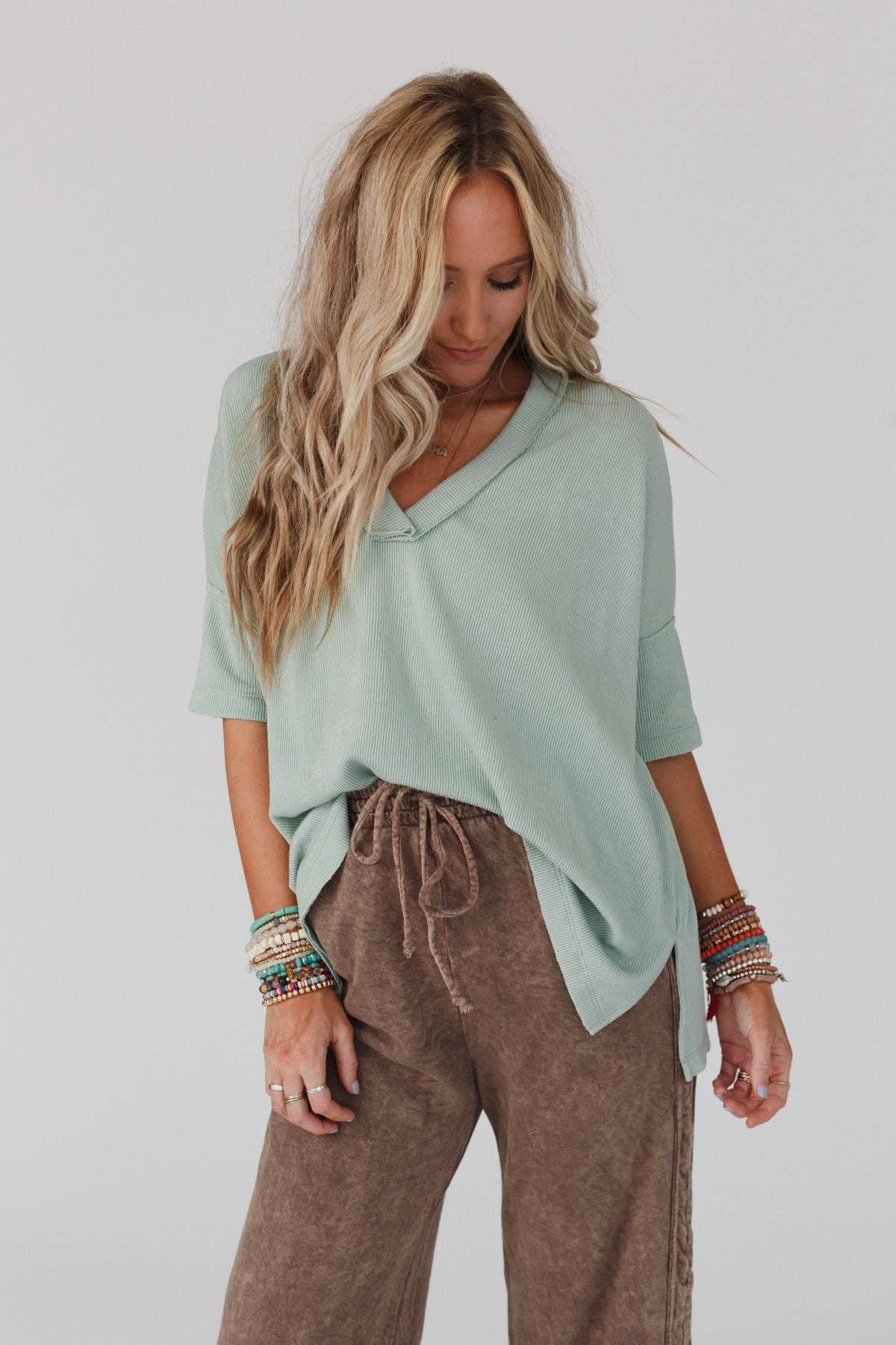 Three Bird Nest - On The Go V Neck Ribbed Essential Tee - Sage