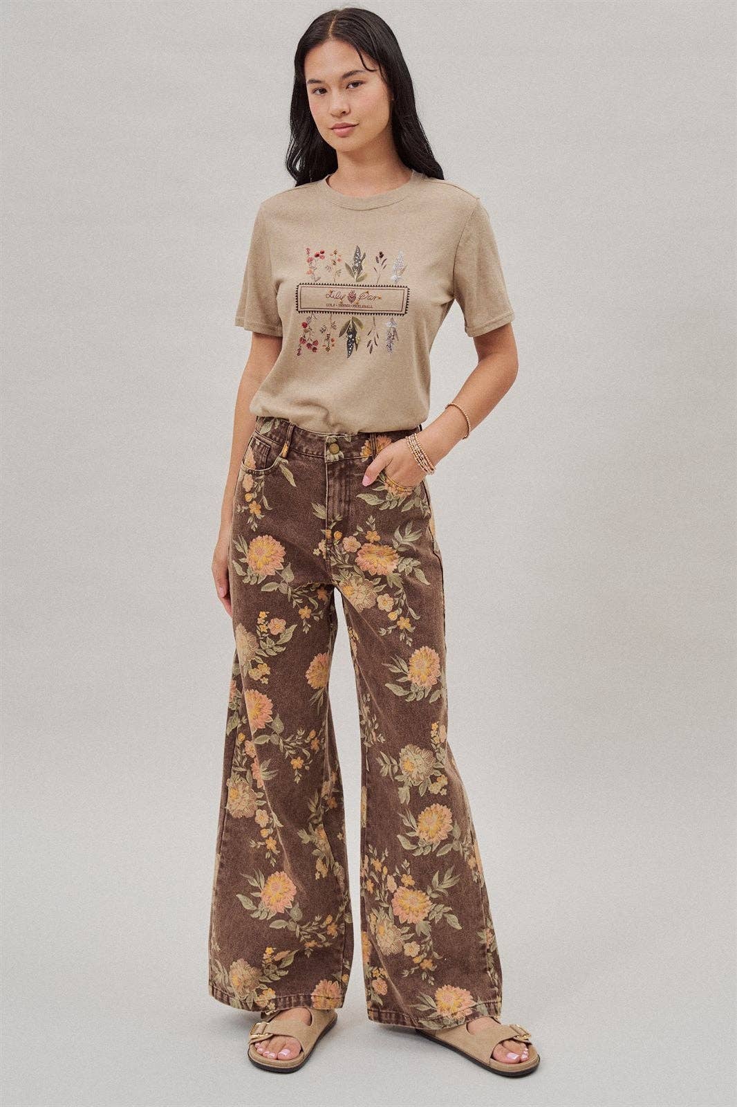 Urban Daizy - Vintage Botanical High-Rise Wide Leg Denim