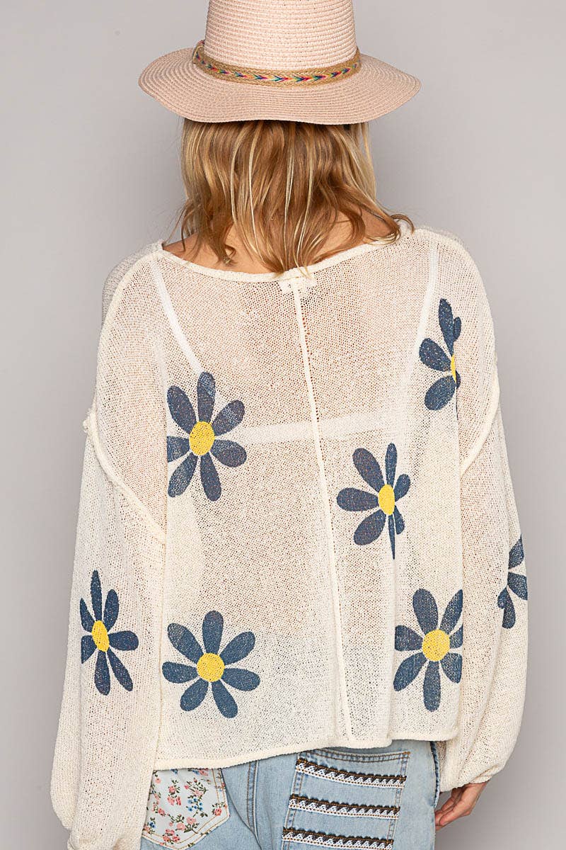 Round neck balloon sleeve floral prints sweater SALE
