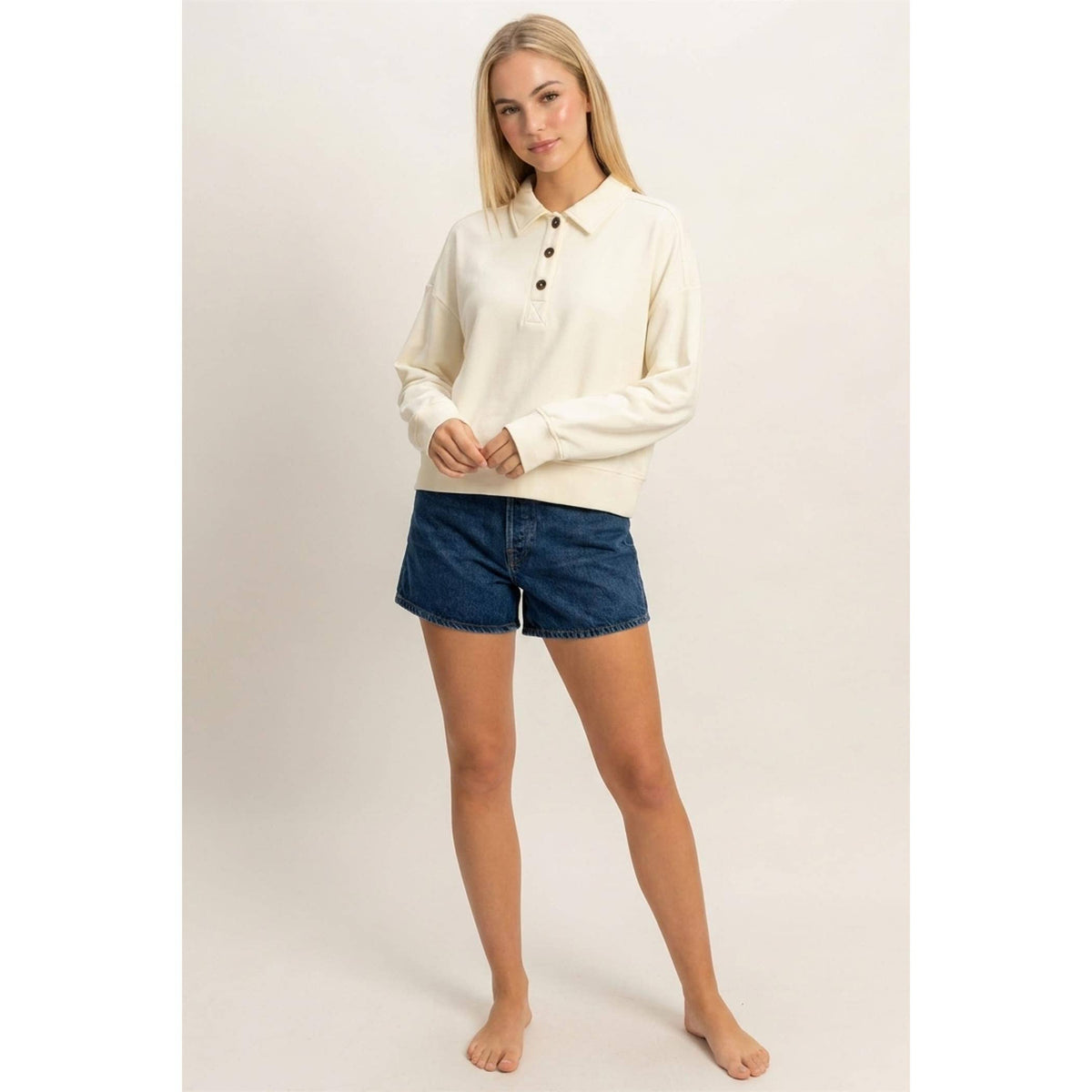 Double Zero - Washed Button-Front Collared Sweatshirt
