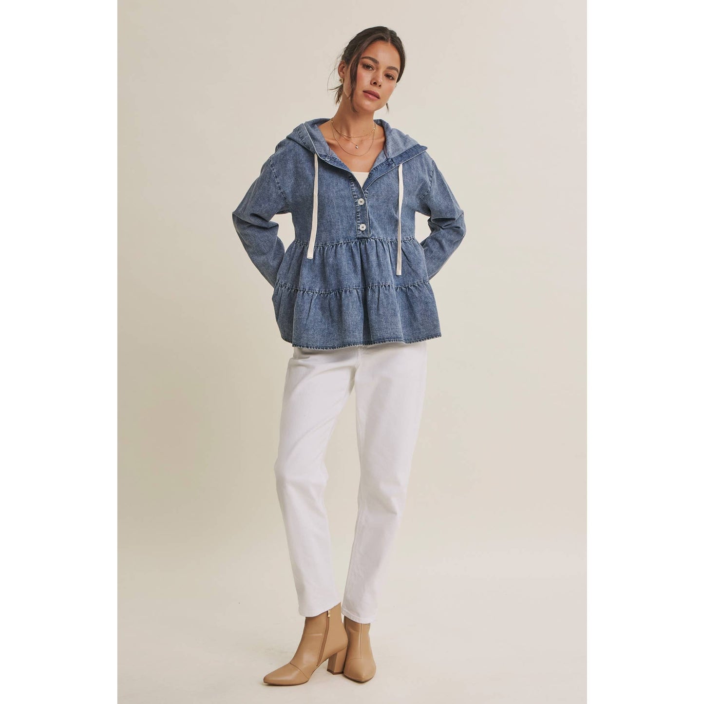 in february - DUSTY ROAD MINERAL-WASHED HOODED TIERED RUFFLES DENIM TOP