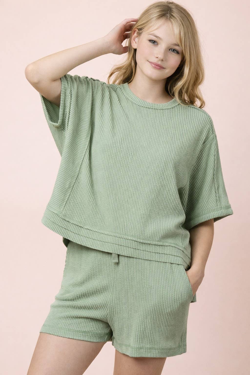 VERY J - NT12686SET-Ribbed Knit Comfy Top & Shorts Set