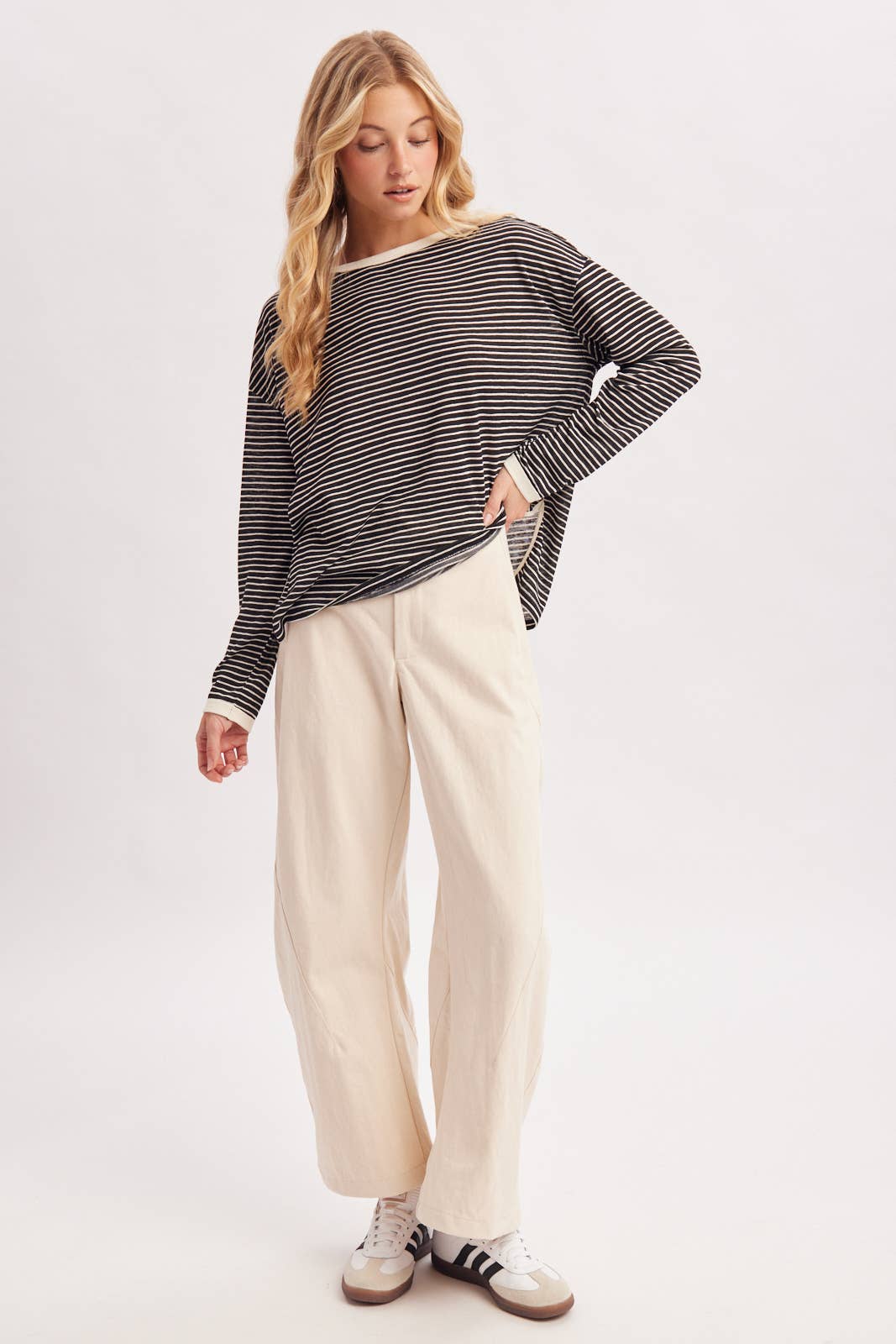 OVERSIZED BOXY STRIPED KNIT LONG SLEEVE TOP
