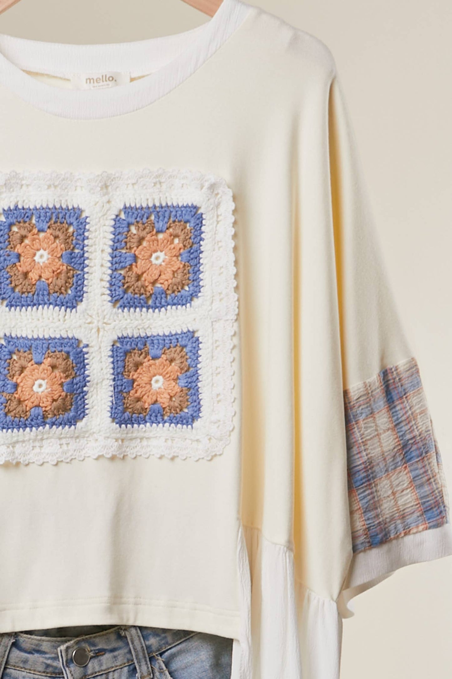 Mello. - Patchwork Motif Knit Top Sheer Layered Sleeves