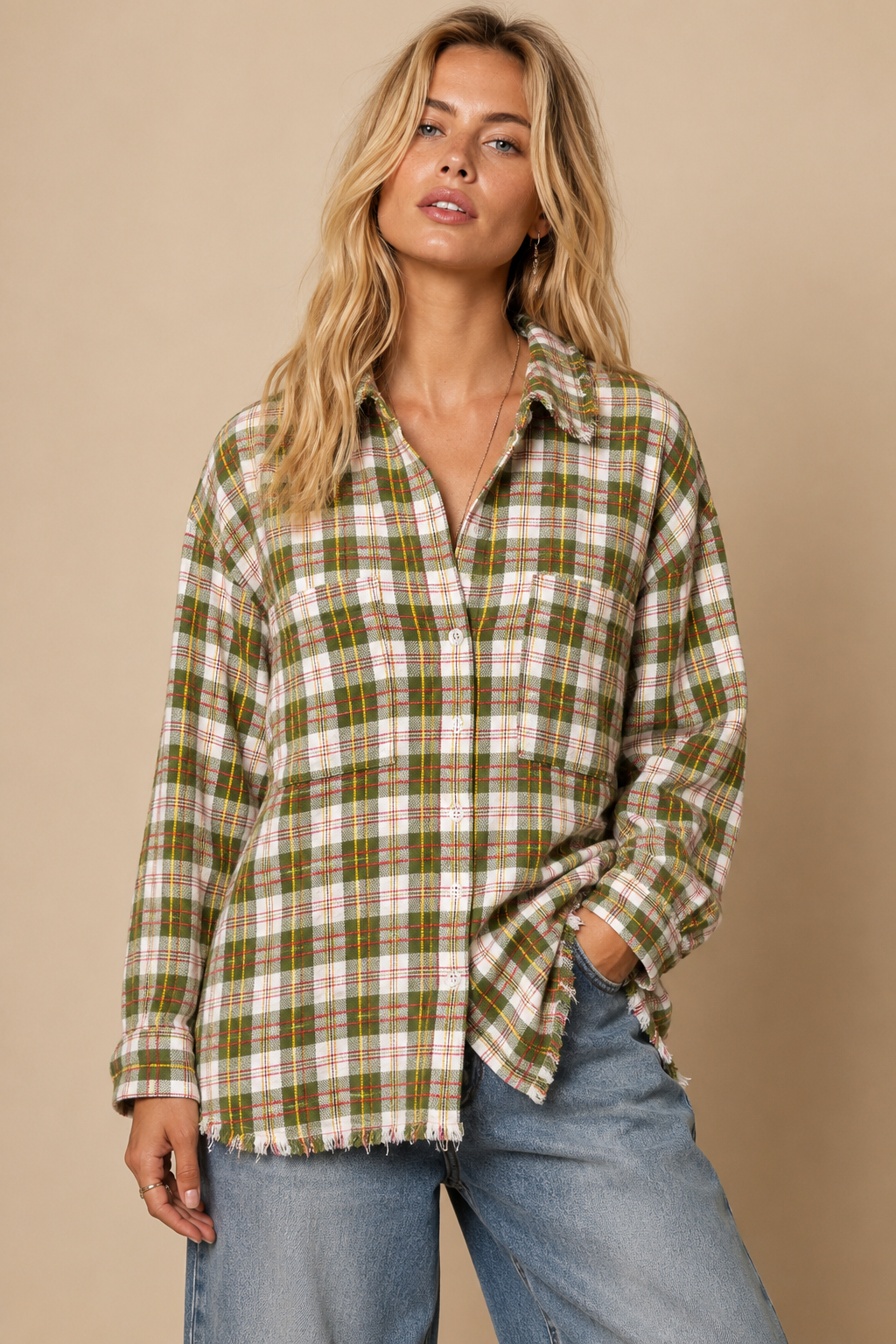 J.NNA - Frayed Hem Plaid Oversized Flannel Button-Down Shirt