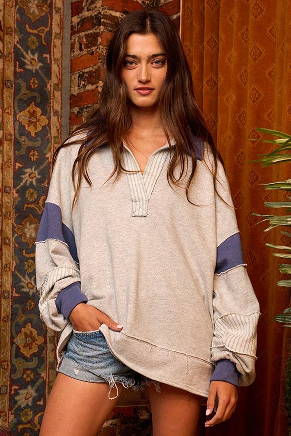 T2004 French Terry Knit Color-block Collared Loose Fit Top
