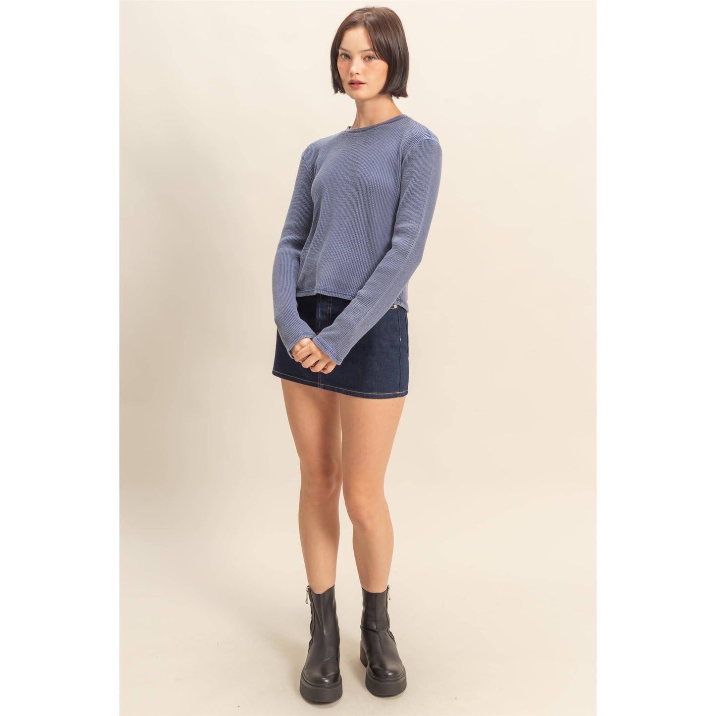 Mineral Wash Waffle Knit Long Sleeve Top