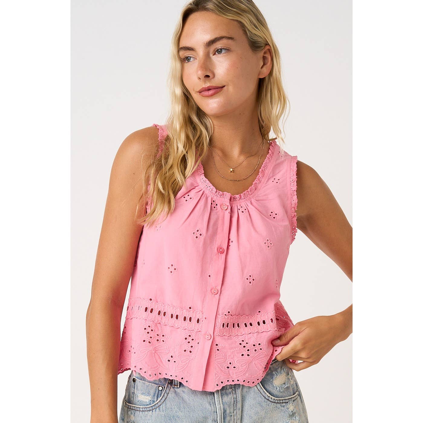 mittoshop - EMBROIDERED EYELET BUTTON FRONT TANK TOP