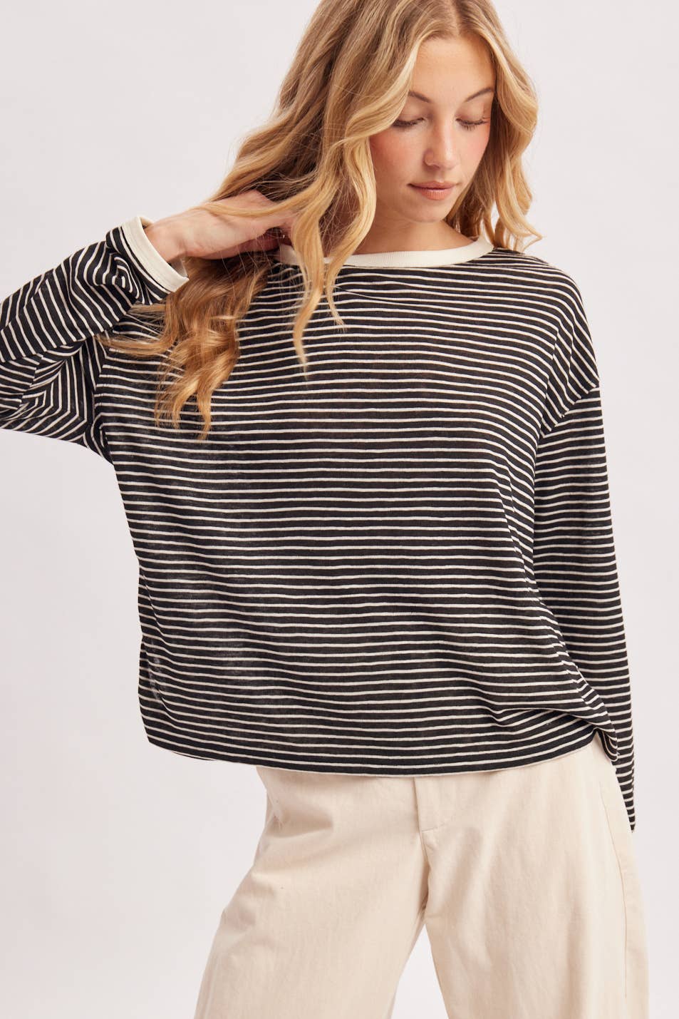 OVERSIZED BOXY STRIPED KNIT LONG SLEEVE TOP