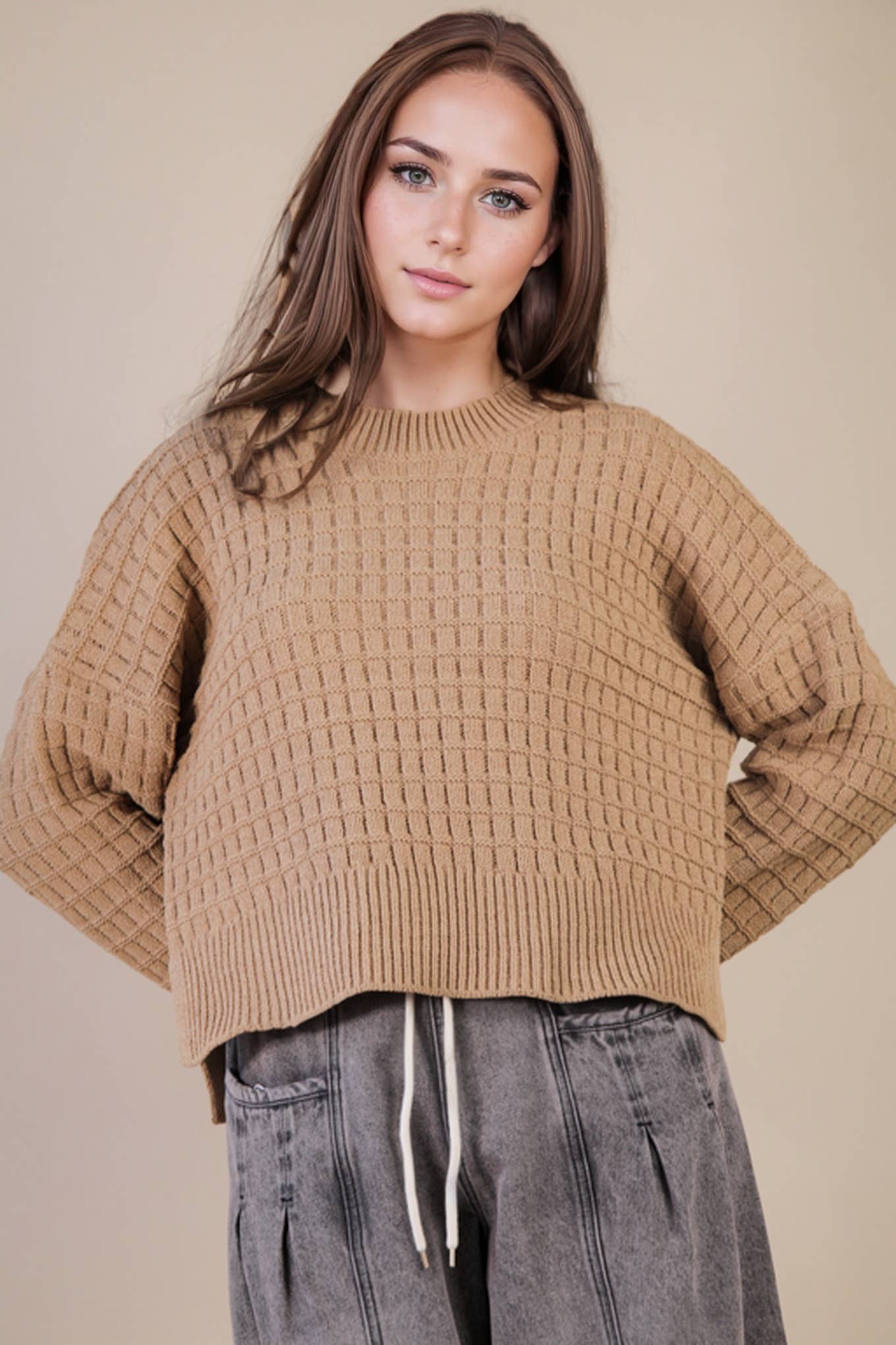 12W3518N-Oversized Textured Solid Casual Knit Sweater Top