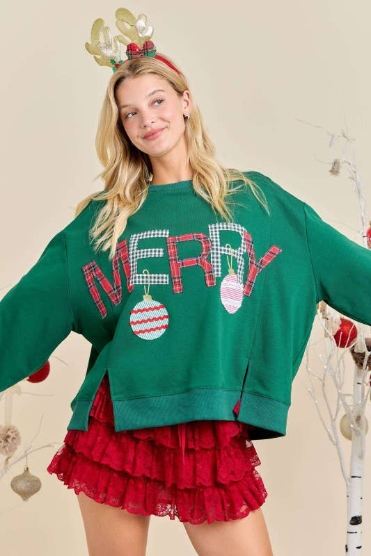 Main Strip - Merry With Ornament Patchwork Oversized Long Sleeve Top