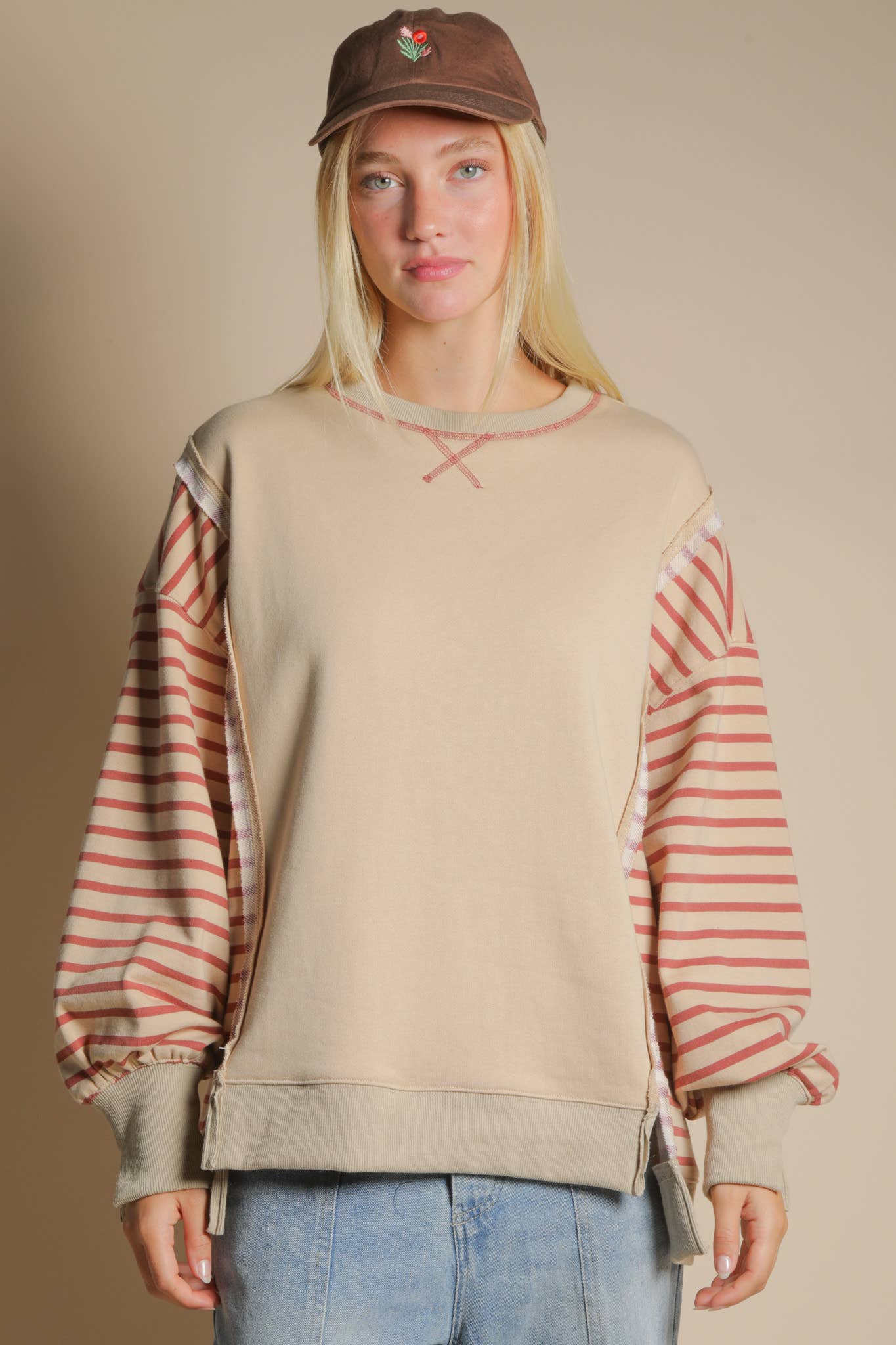 NT12221-Oversized Striped Casual Knit Top