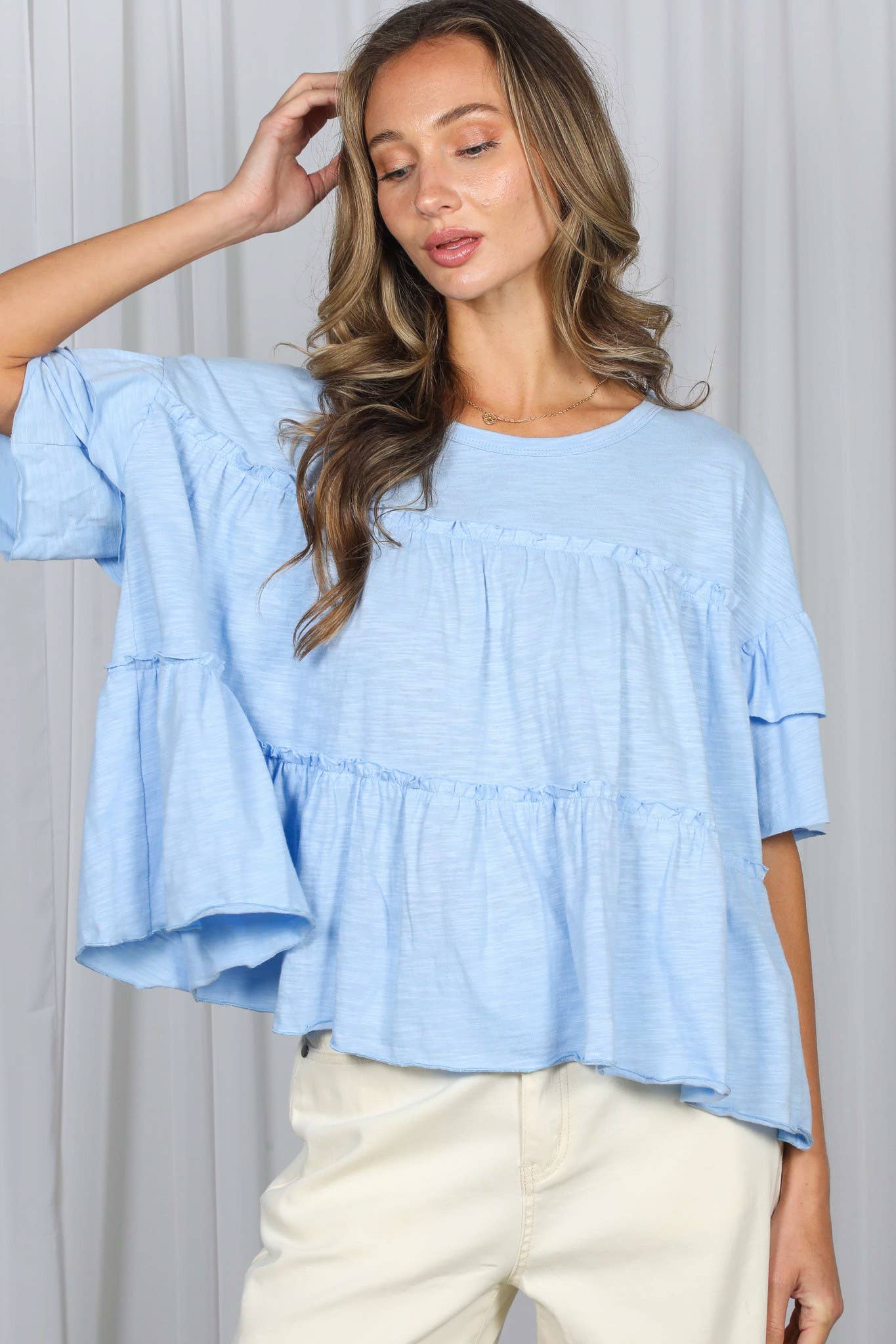 Vine & Love - Ruffle Tired Crew Neck 100%Cotton Top VT83163