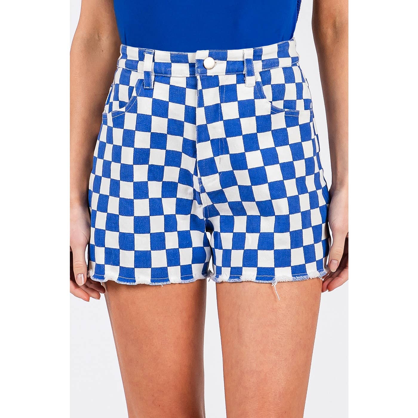 GAME DAY CHECKERED FRAYED HEM CASUAL SHORTS