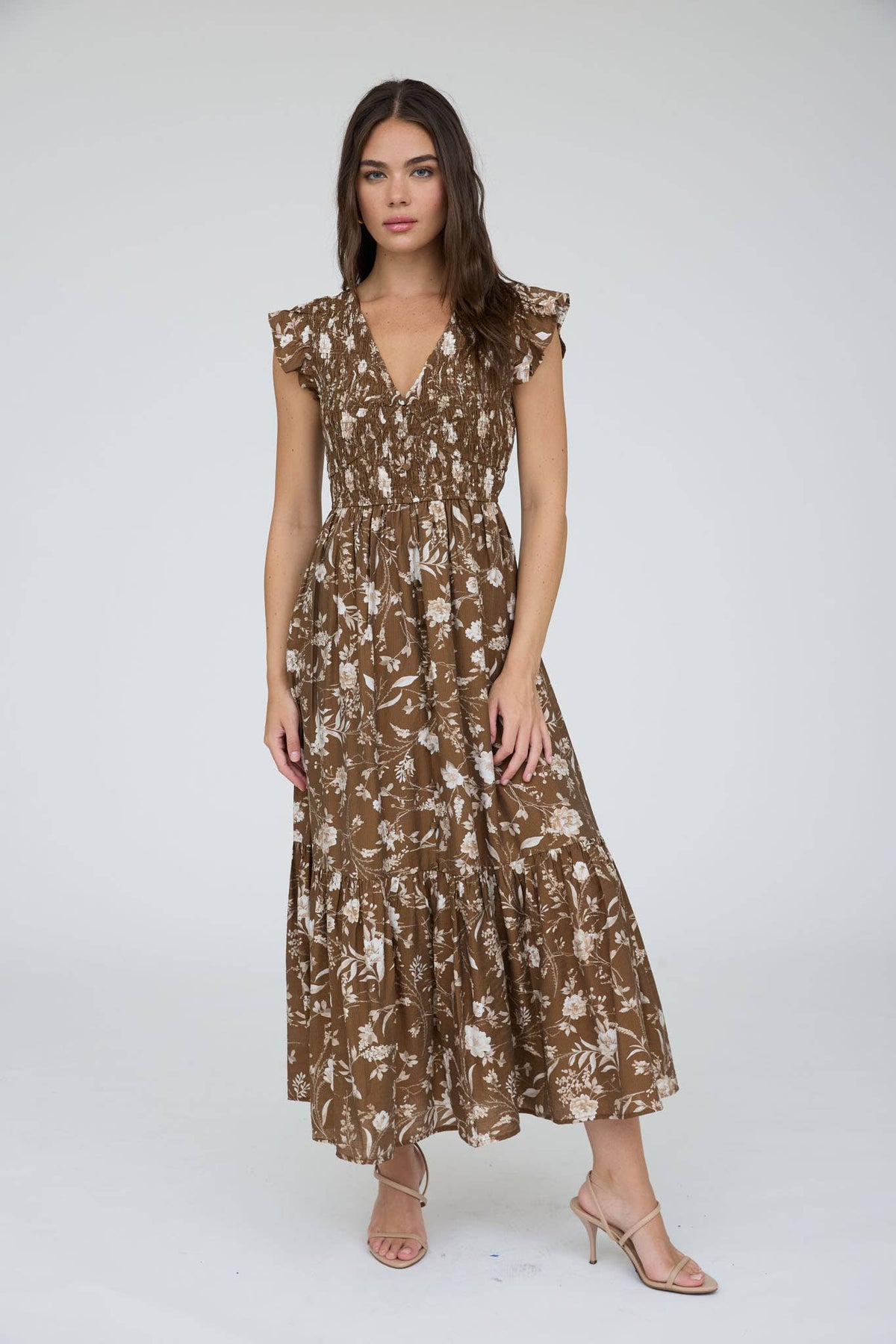 MINE - FLORAL SMOCKED V NECK BUTTON DOWN MIDI DRESS