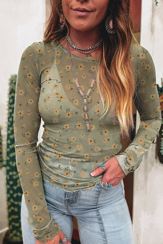 66DISCO - Western Vintage Floral Southern Style Mesh Long Sleeve Top