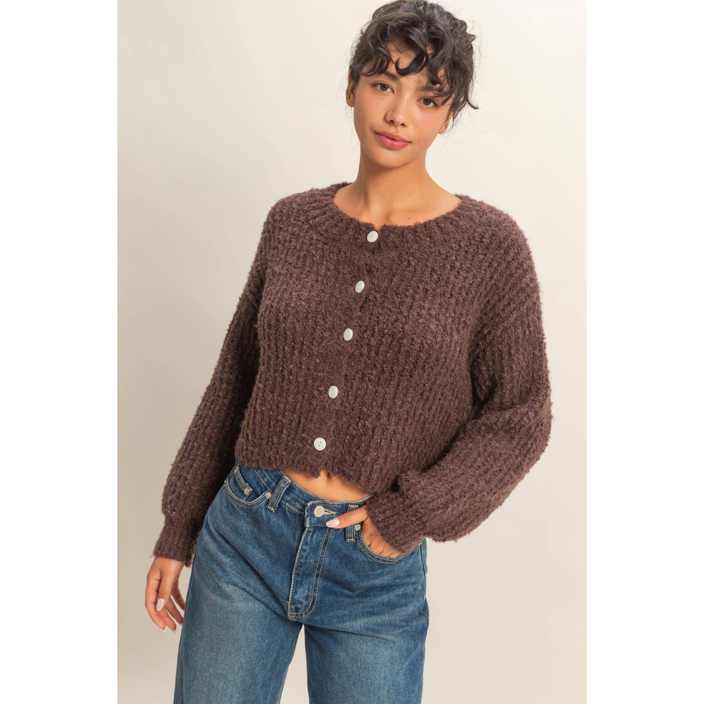 Fluffy Knit Button-Up Cardigan Sweater