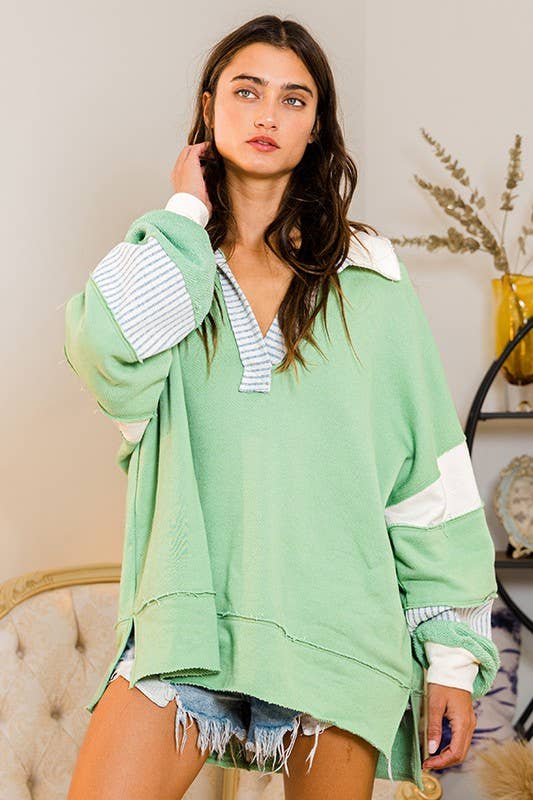 T2004 French Terry Knit Color-block Collared Loose Fit Top