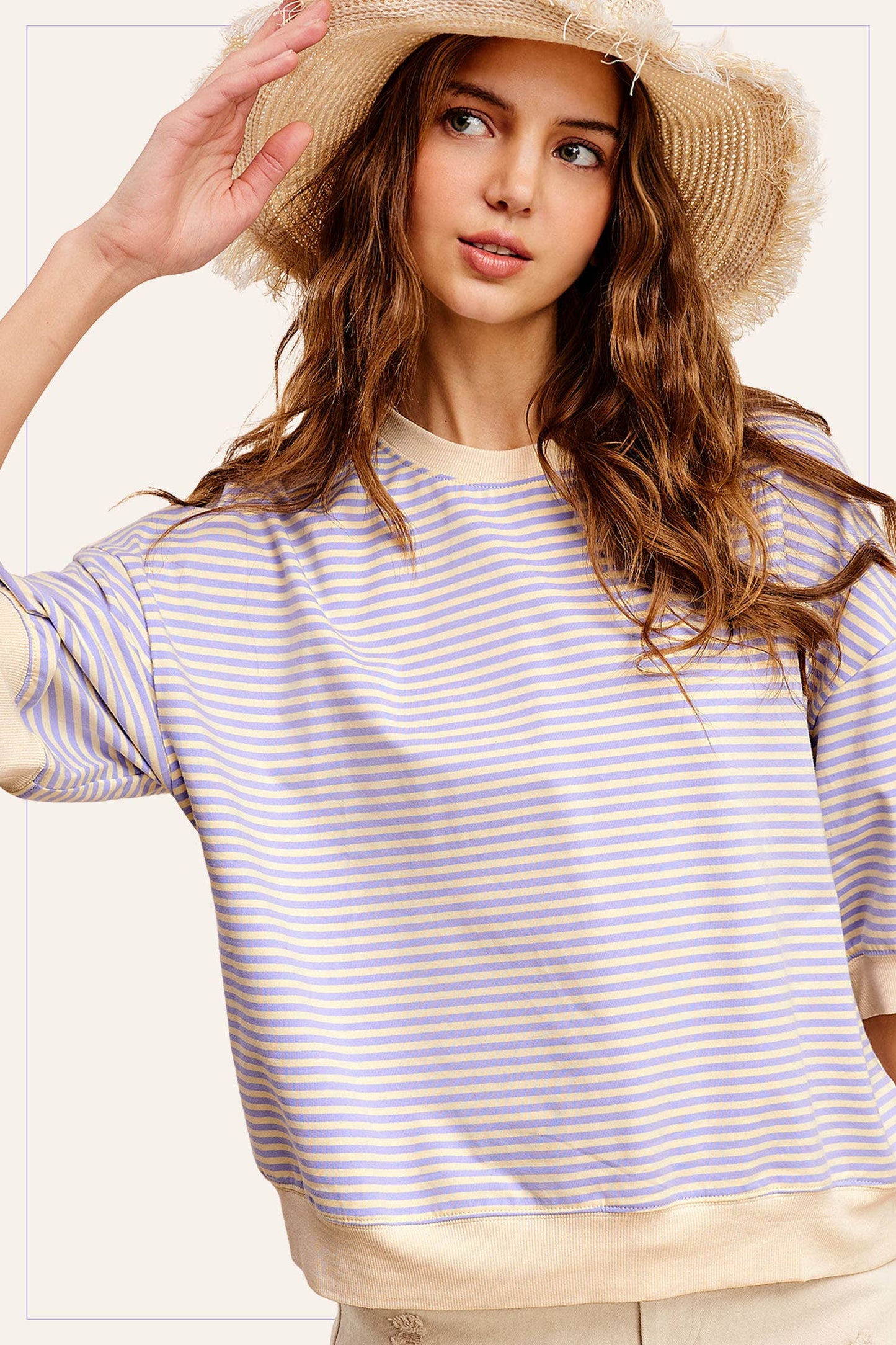 MCT7688-Loose Fit Striped Short Sleeve Crew Neckline Top
