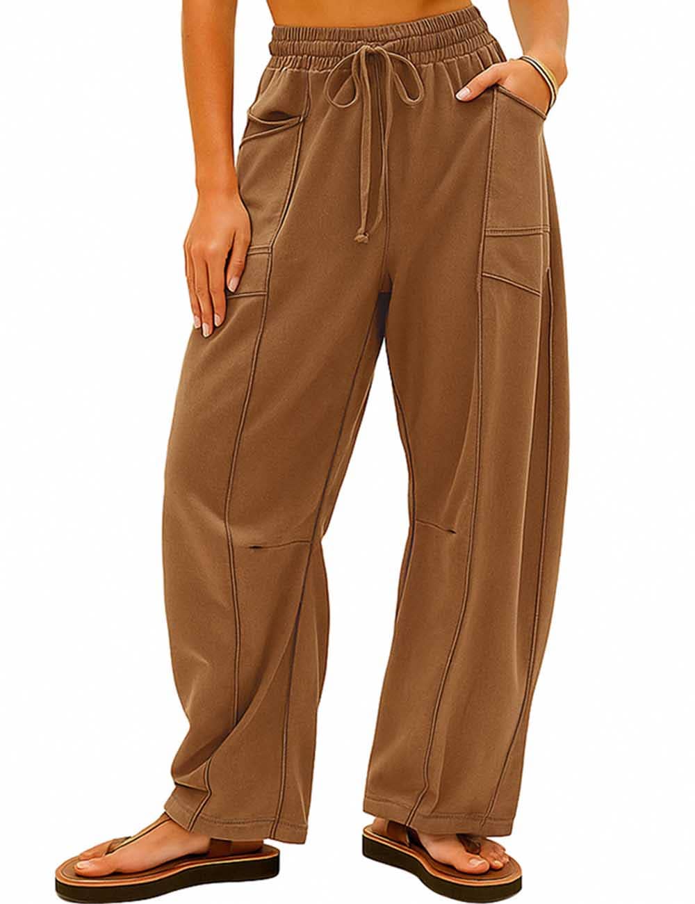 Ladies Contrast Stitching Elastic Waist Drawstring Barrel Pants