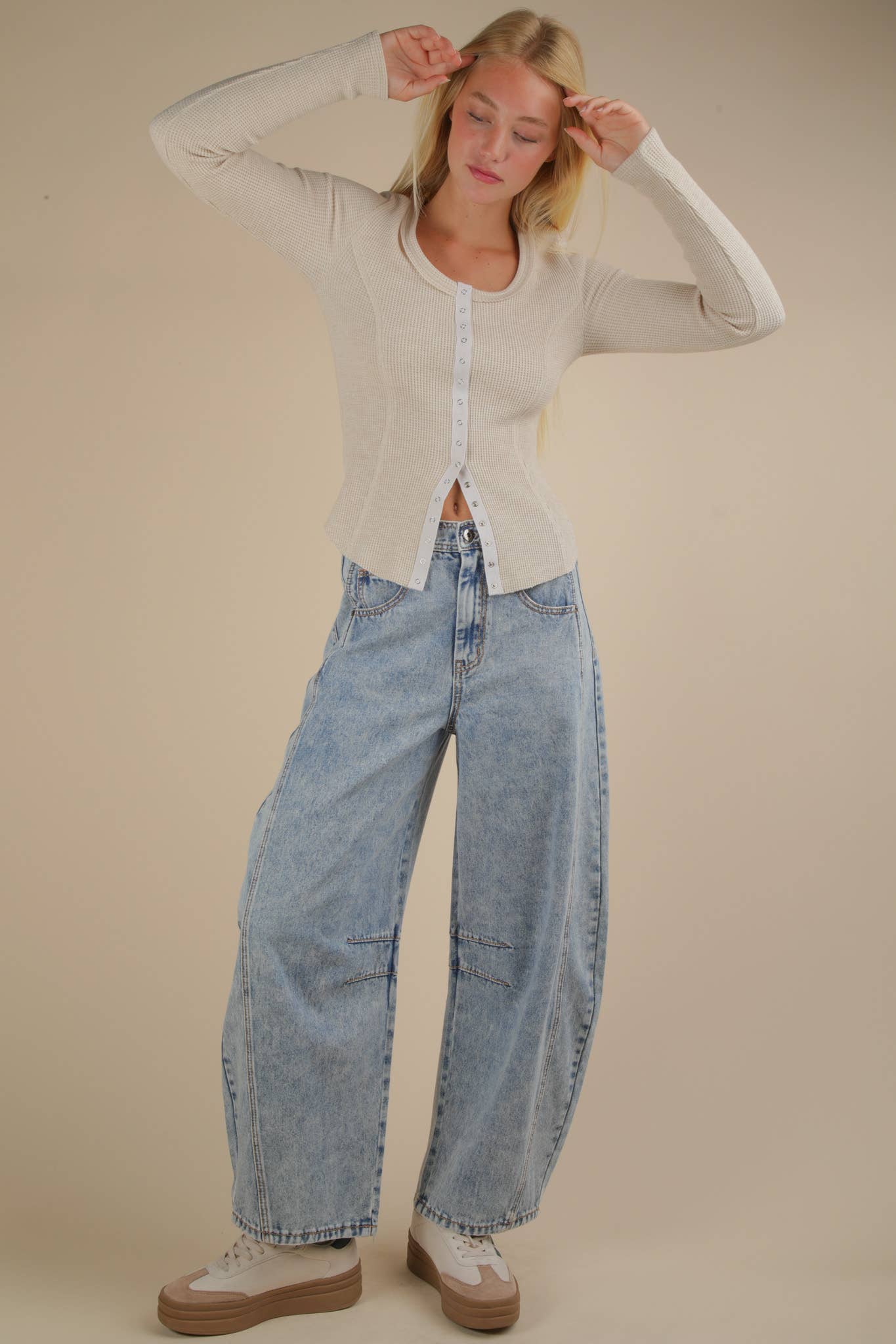 NT12243-Button Down Fitted Knit Casual Top