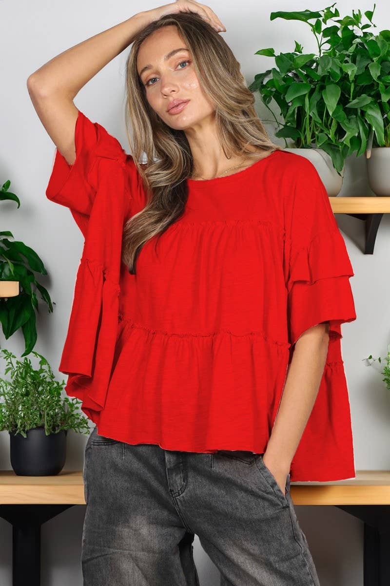 Vine & Love - Ruffle Tired Crew Neck 100%Cotton Top VT83163