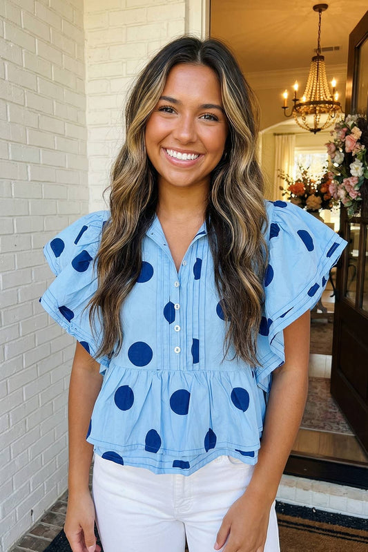 Blue Polka Dot Print Ruffled top