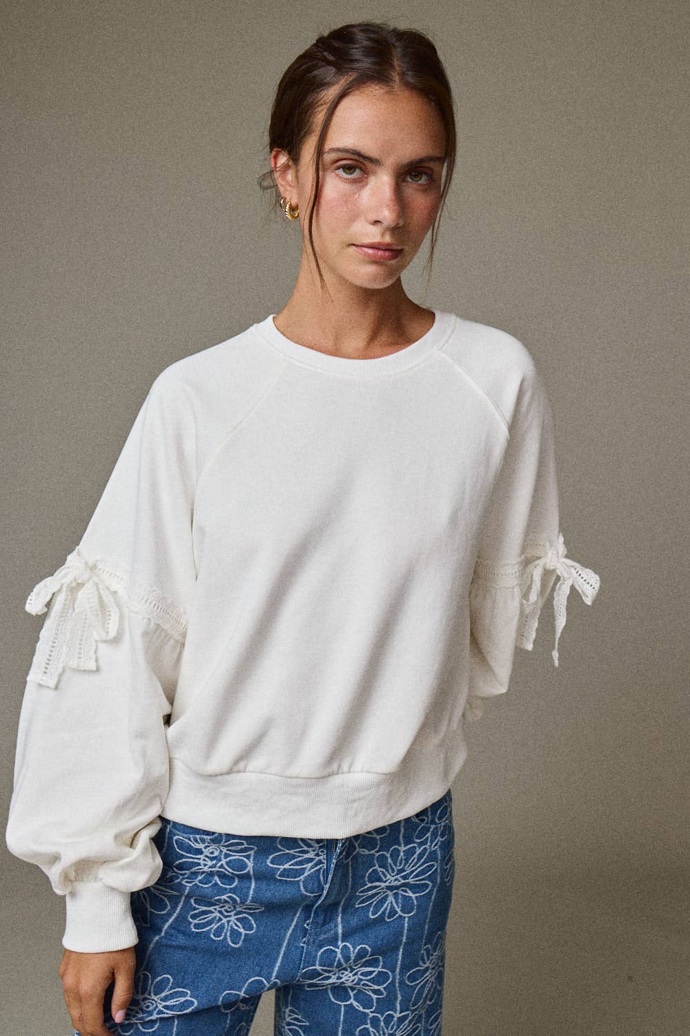 PT18996 - Bow Sleeve Sweatshirt- Lace Trim Detail