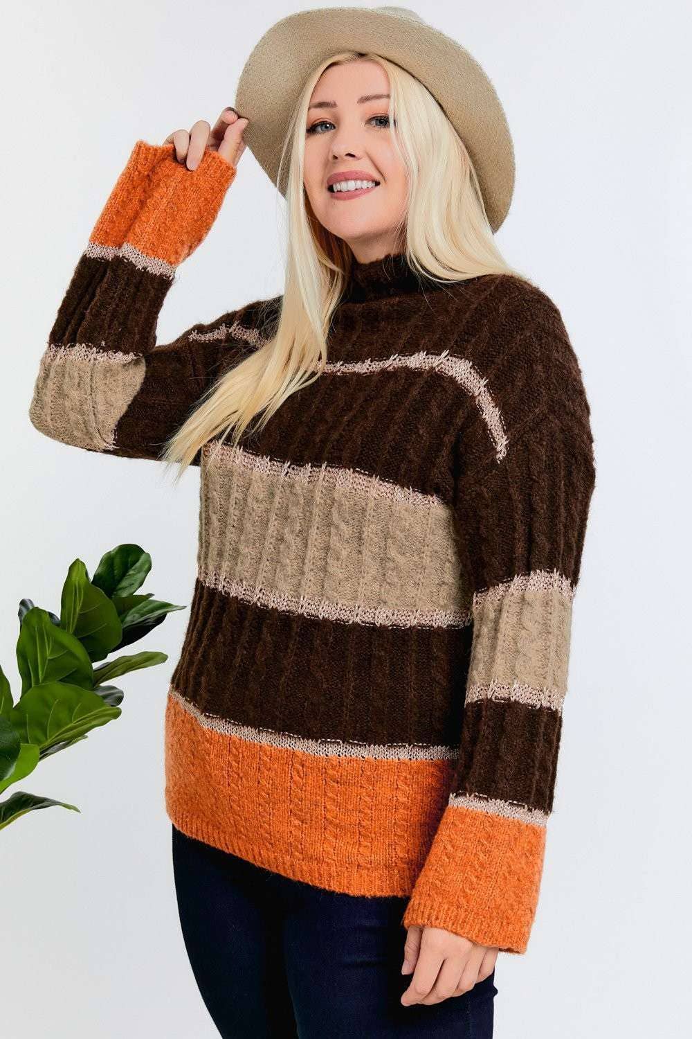 PLUS COLOR BLOCK MOCK NECK LONG SLEEVE SWEATER