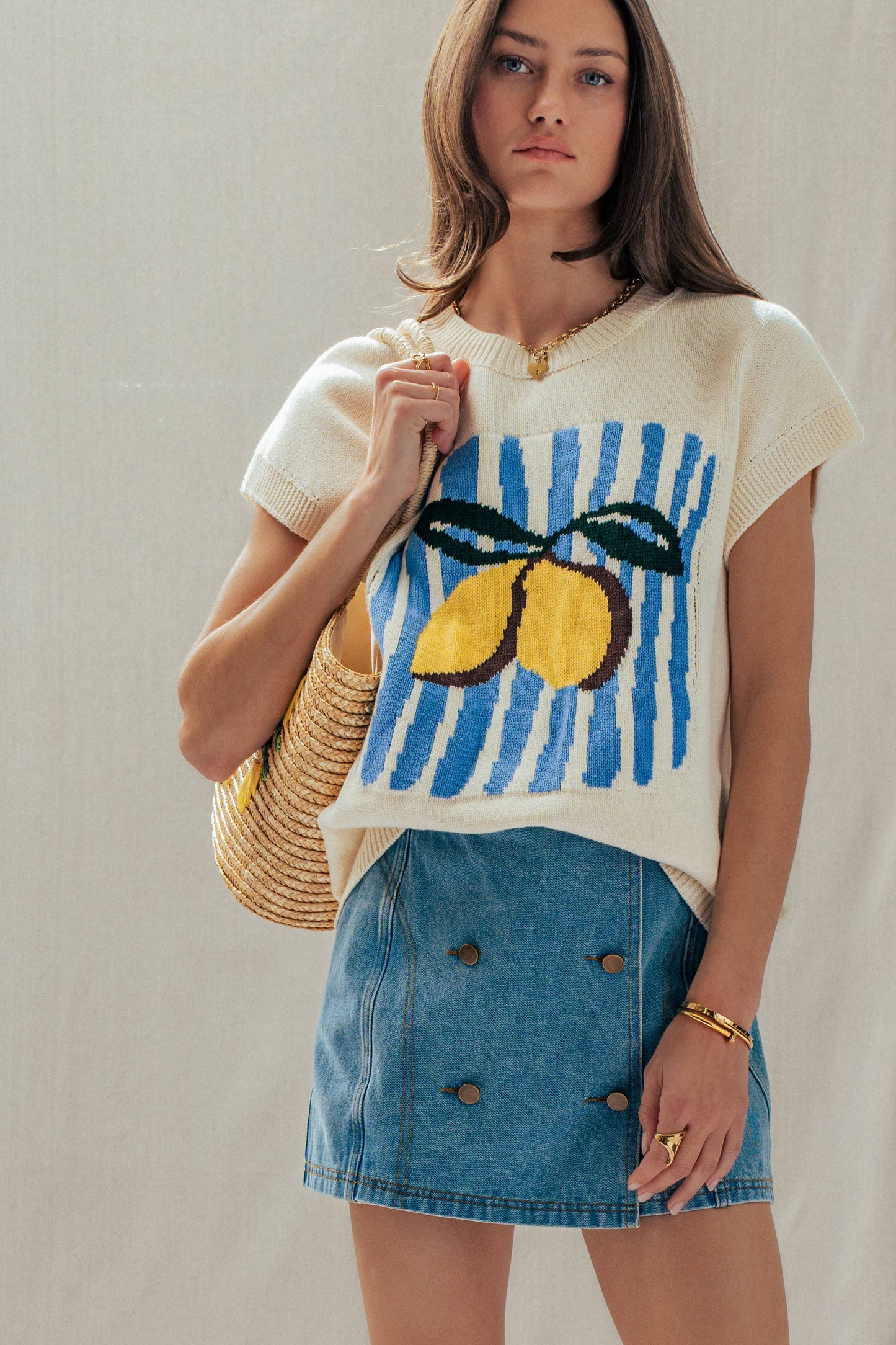 Urban Daizy - Lemon Graphic Knit Vest Citrus Print