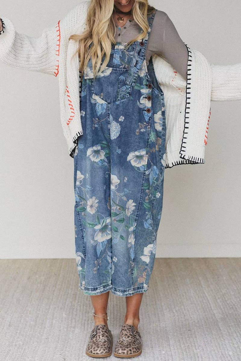 Mccolin - Floral Pattern Denim Jumpsuit