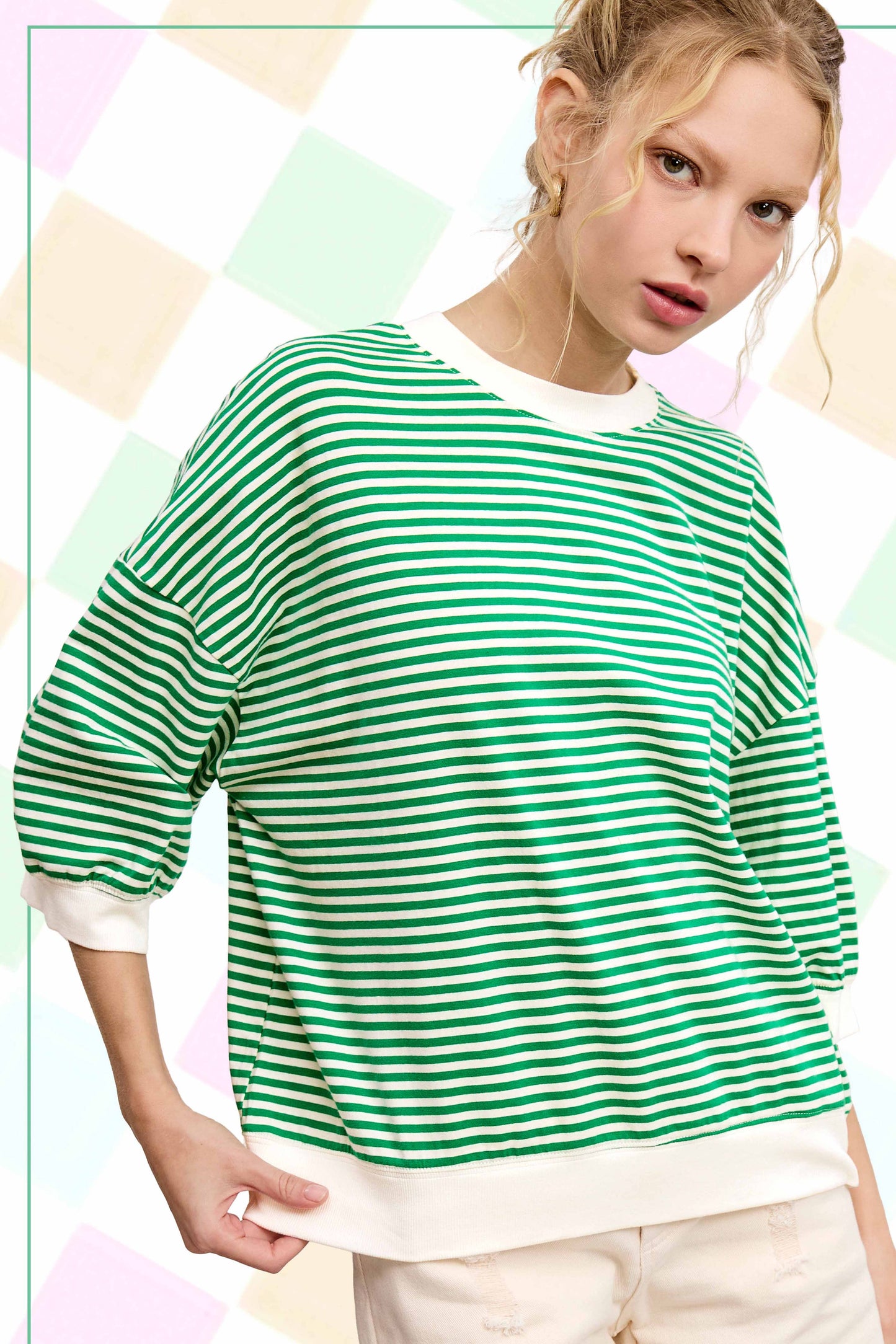 MCT7688-Loose Fit Striped Short Sleeve Crew Neckline Top
