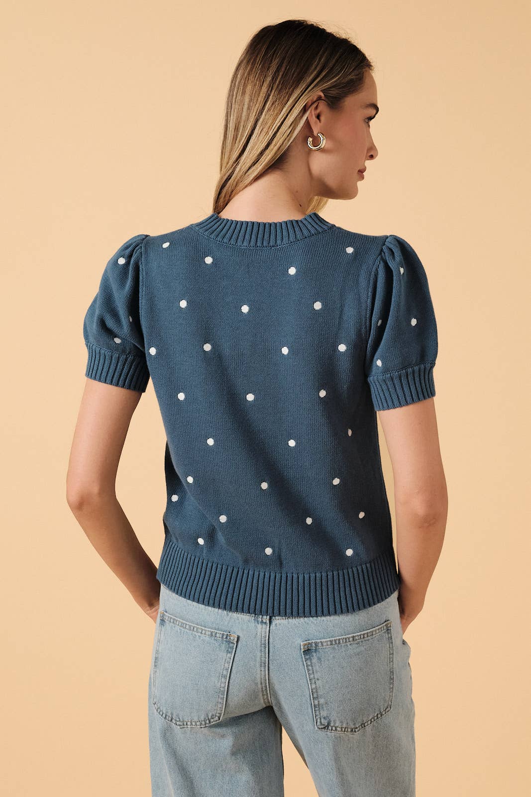 ROUND NECK PUFF SHORT SLEEVE "POLKA DOT" EMBROIDERED SWEATER