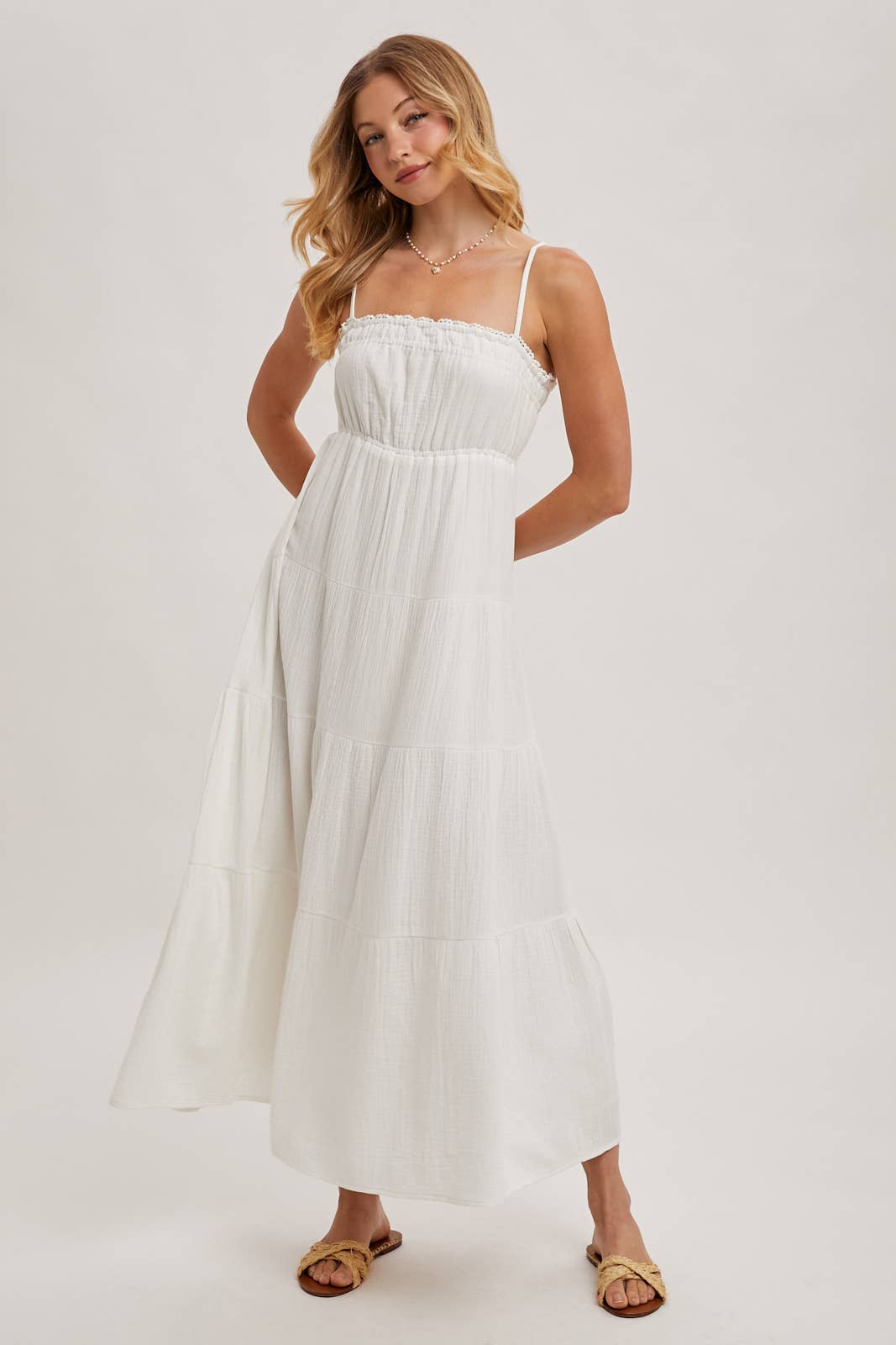 SMOCKED RUFFLE TRIM TIERED MAXI SUNDRES