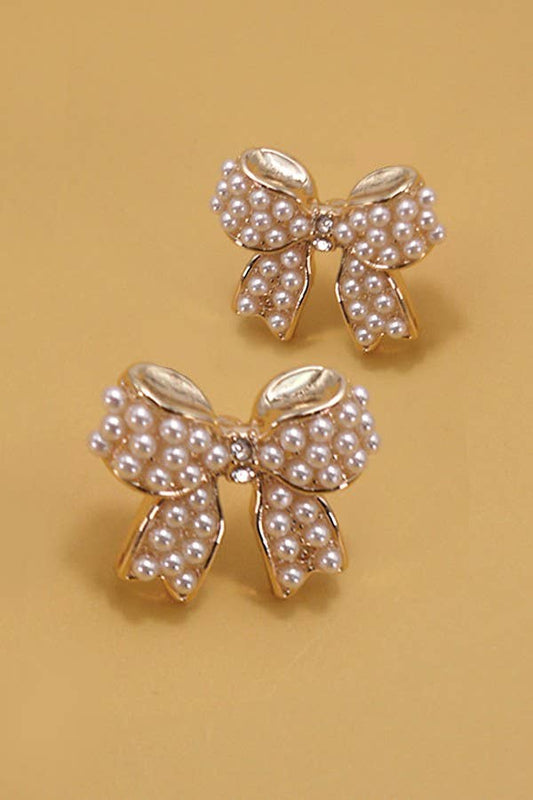 JOSSLYN by wall to wall - MINI PEARL BOW RIBBON GOLD EARRINGS | 80E5342