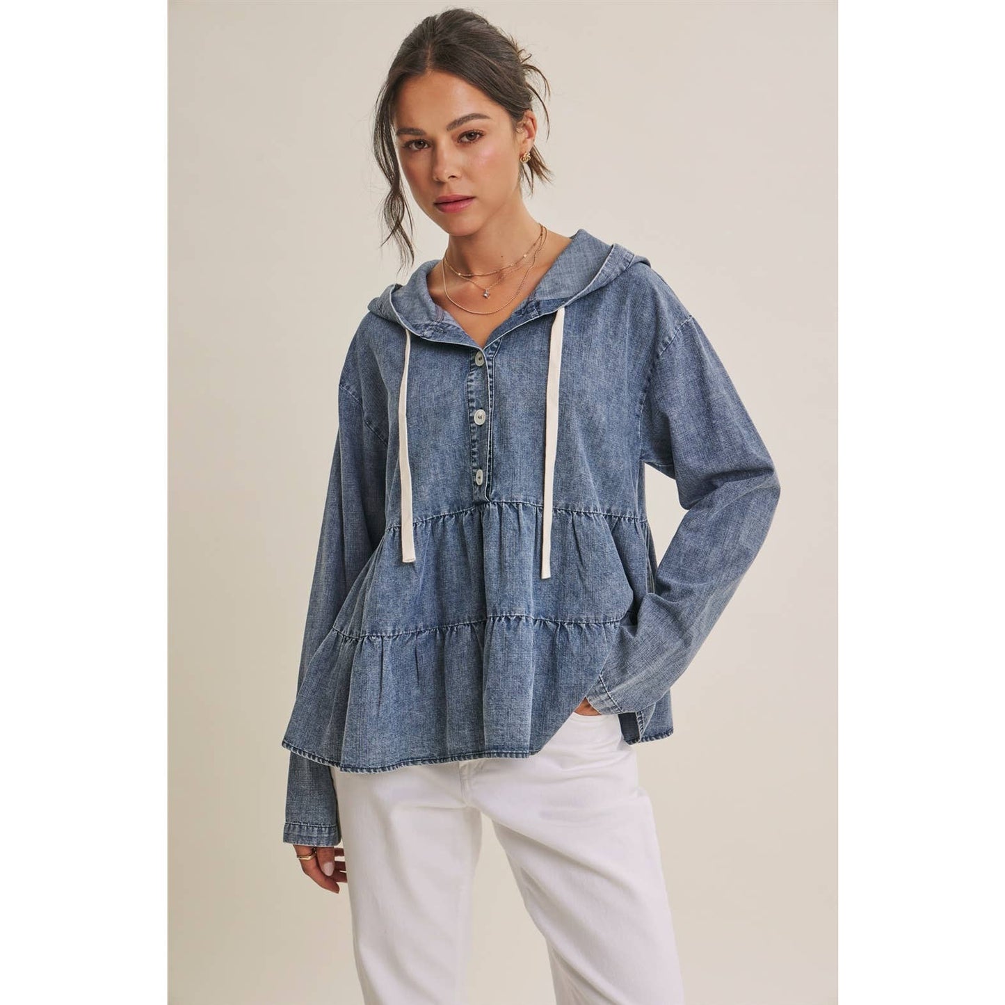 in february - DUSTY ROAD MINERAL-WASHED HOODED TIERED RUFFLES DENIM TOP