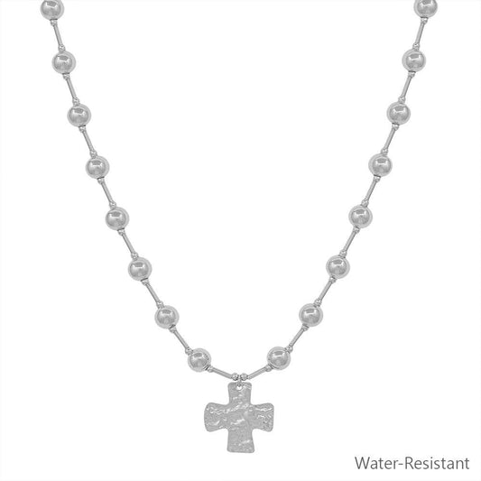 What's Hot - Water Resistant Silver 6MM Beaded with Hammered Silver Cross Charm 16"-18" Necklace