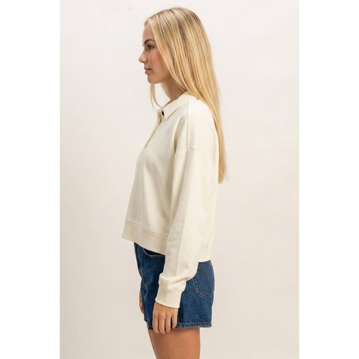 Double Zero - Washed Button-Front Collared Sweatshirt