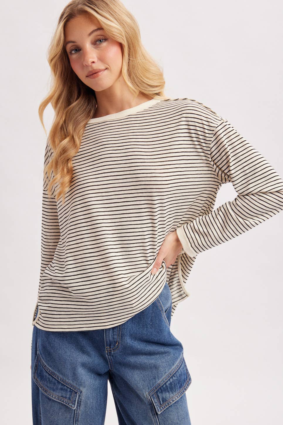 OVERSIZED BOXY STRIPED KNIT LONG SLEEVE TOP