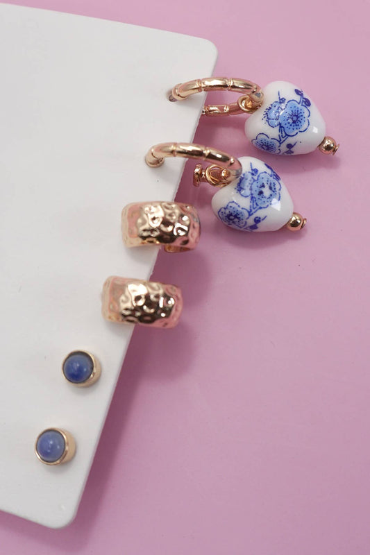 BLUE CERAMIC PORCELAIN TRIO HUGGIE HOOP EARRINGS | 80E6524