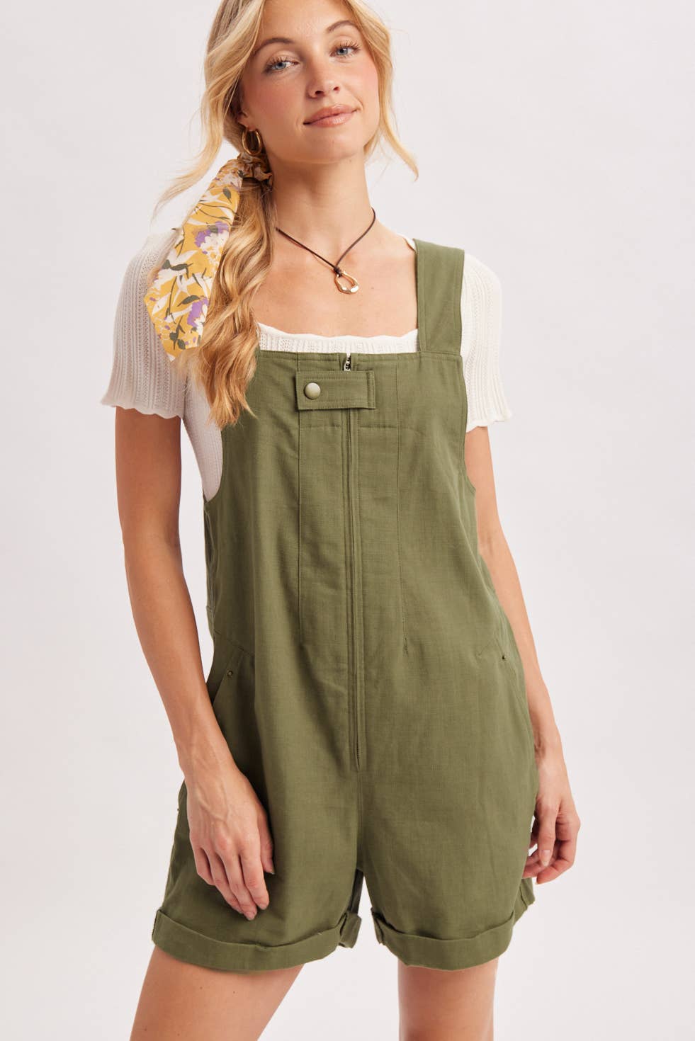 ZIPPER FRONT SNAP BUTTON SQUARE NECK SHORTALLS