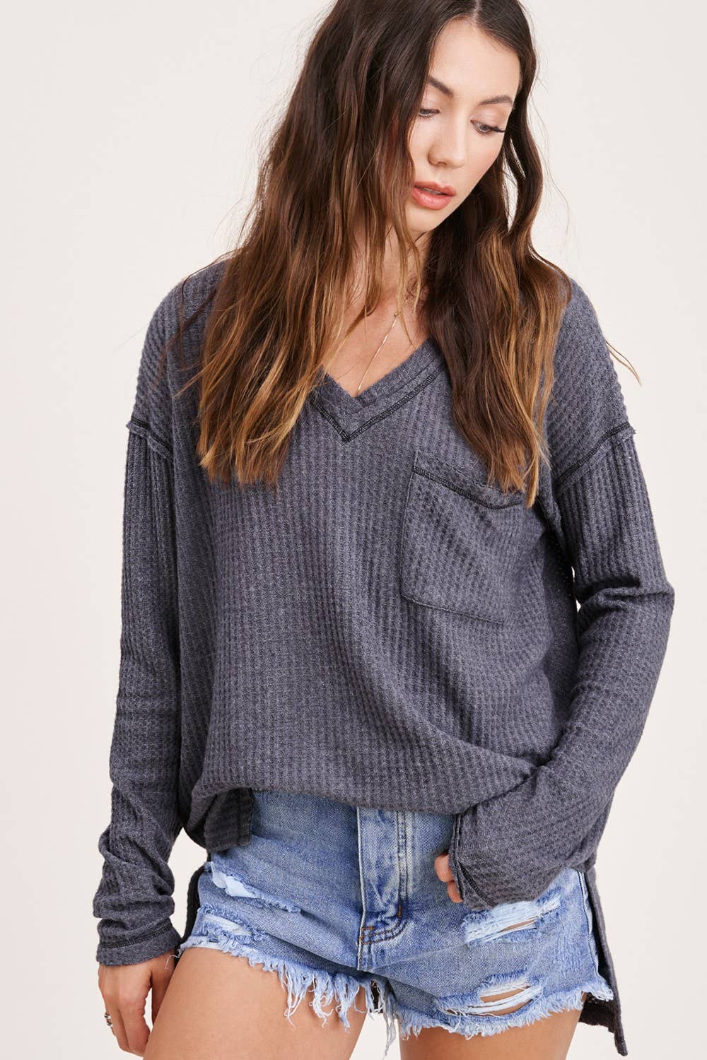 JAT7555-Stretchy Brushed Waffle V-neck Long Sleeve Top