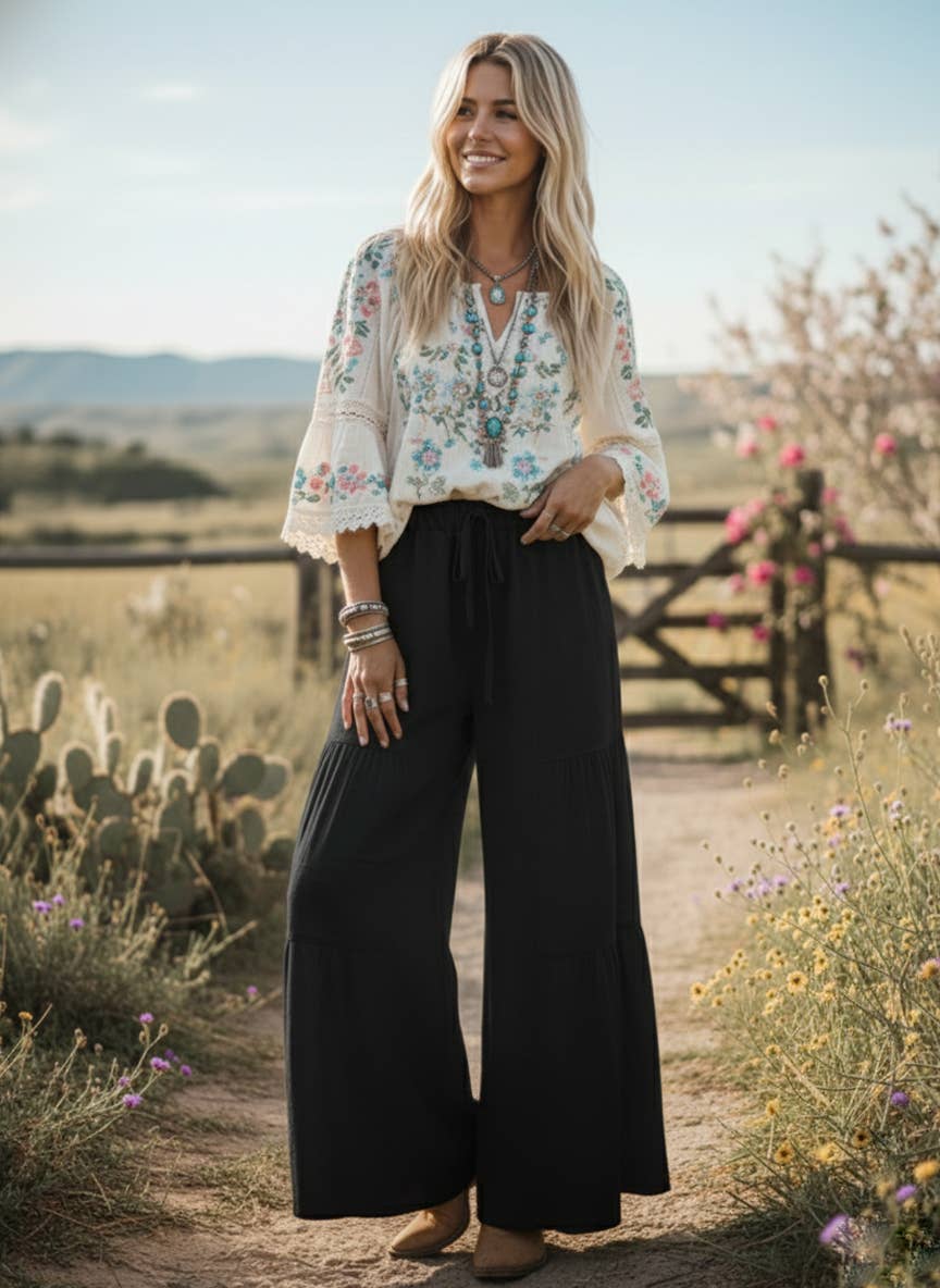 Linen Blend Tiered Wide Leg Palazzo Pants